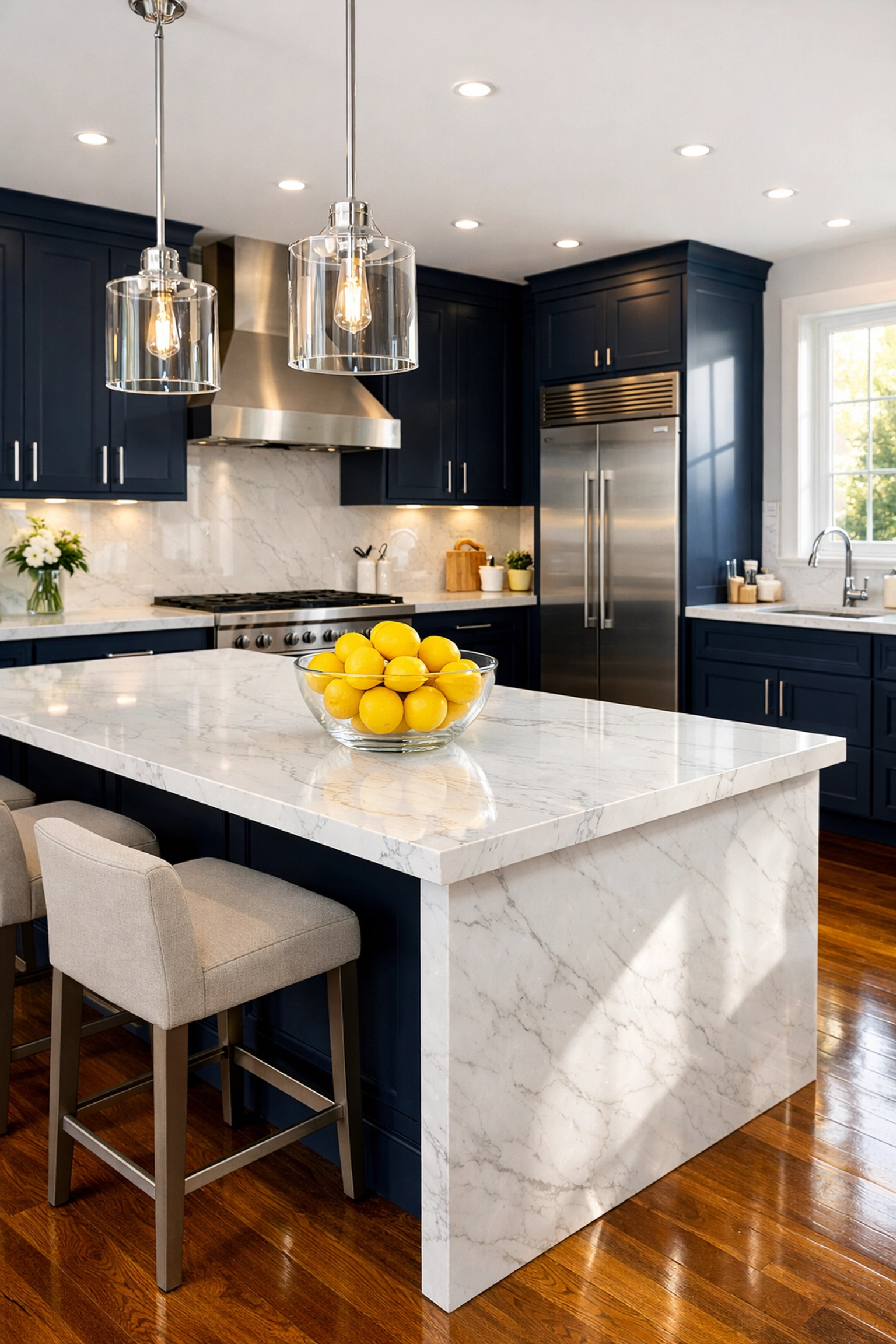Spotless modern Newton apartment kitchen with clean marble countertops and polished hardwood floors.
