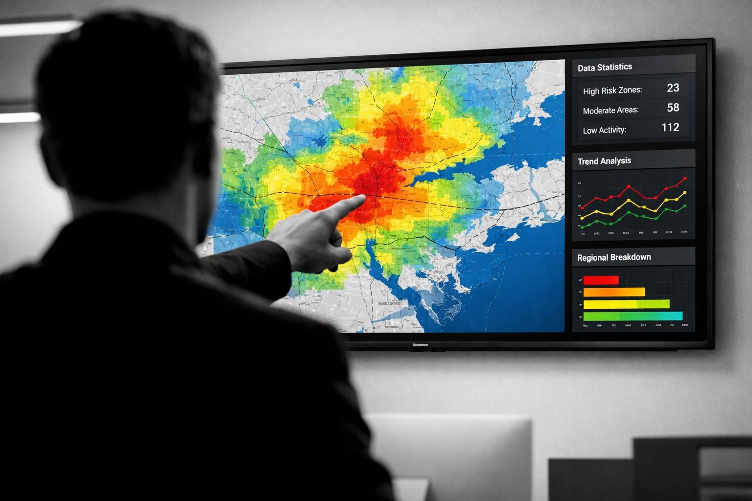 Marketer analyzing geographic heat map grid report showing local search ranking patterns