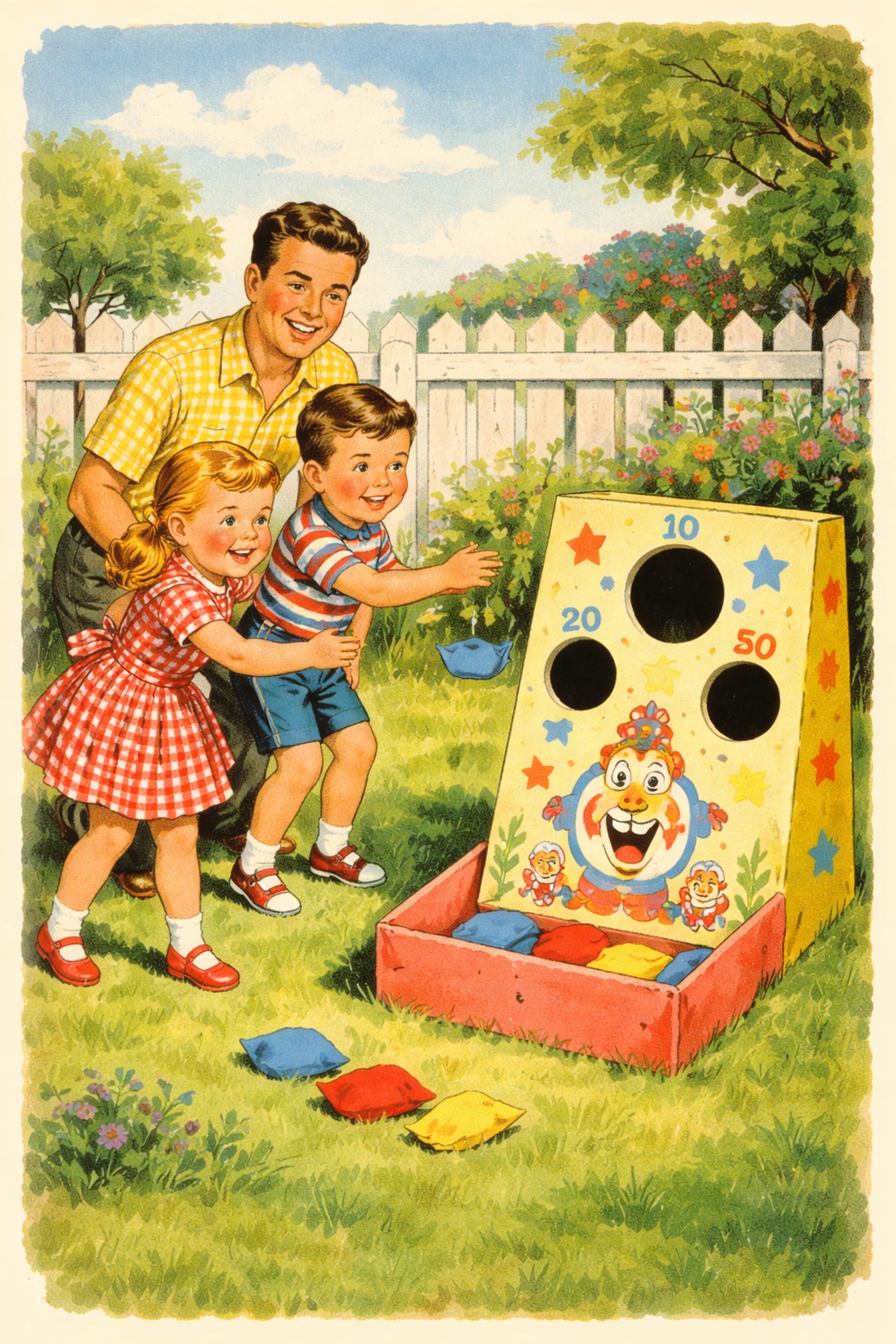 Family playing homemade bean bag toss game in sunny backyard, DIY bean bag toss for kids