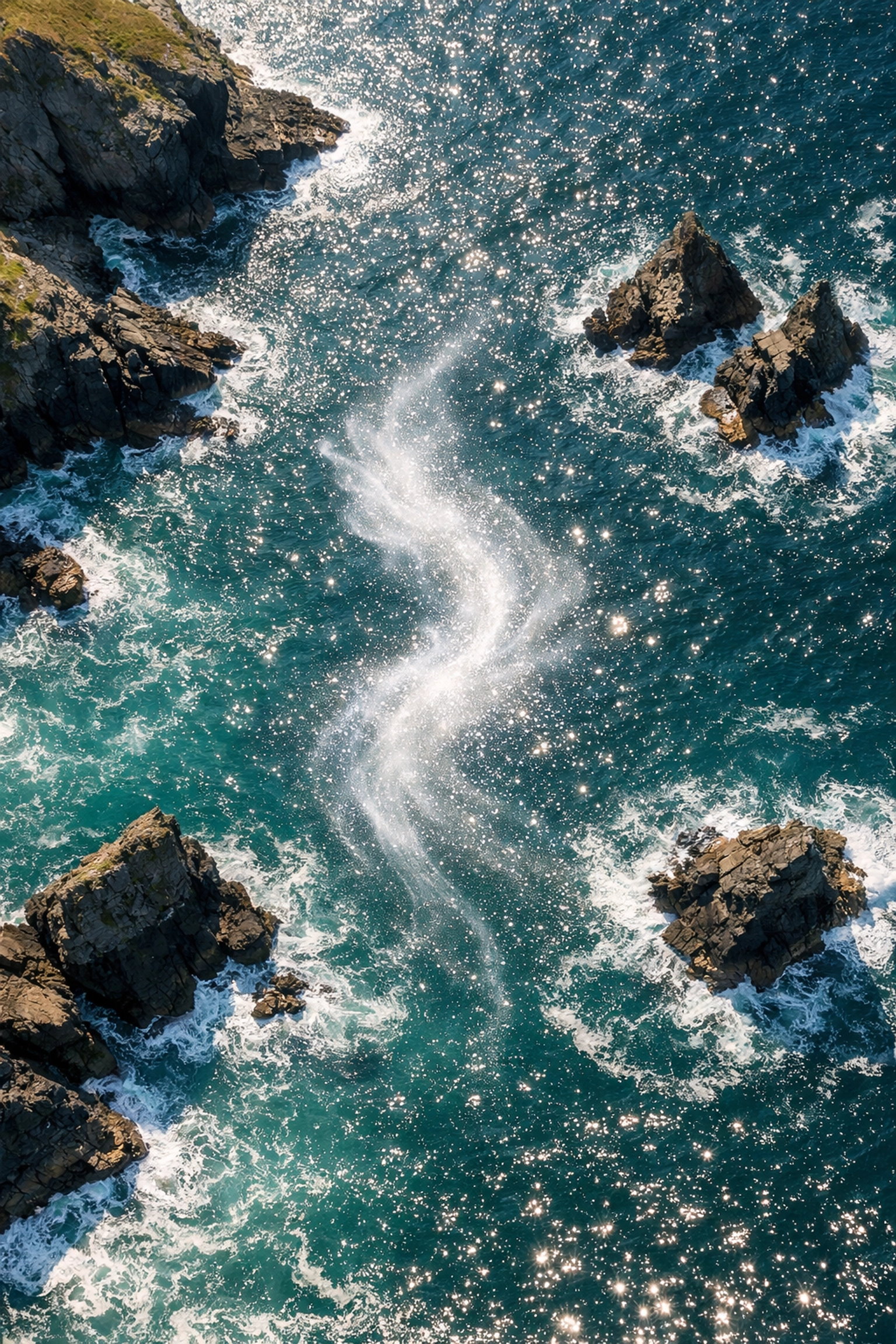 Aerial drone ash scattering over the iconic rock stacks and turquoise sea at Bedruthan Steps, Cornwall.
