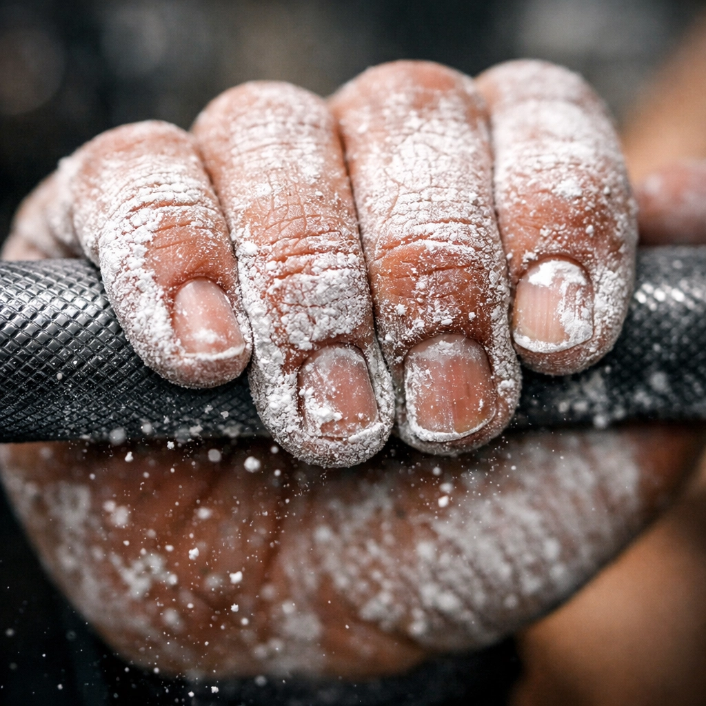 Chalked hands gripping a rail for home resistance training and calisthenics exercises.