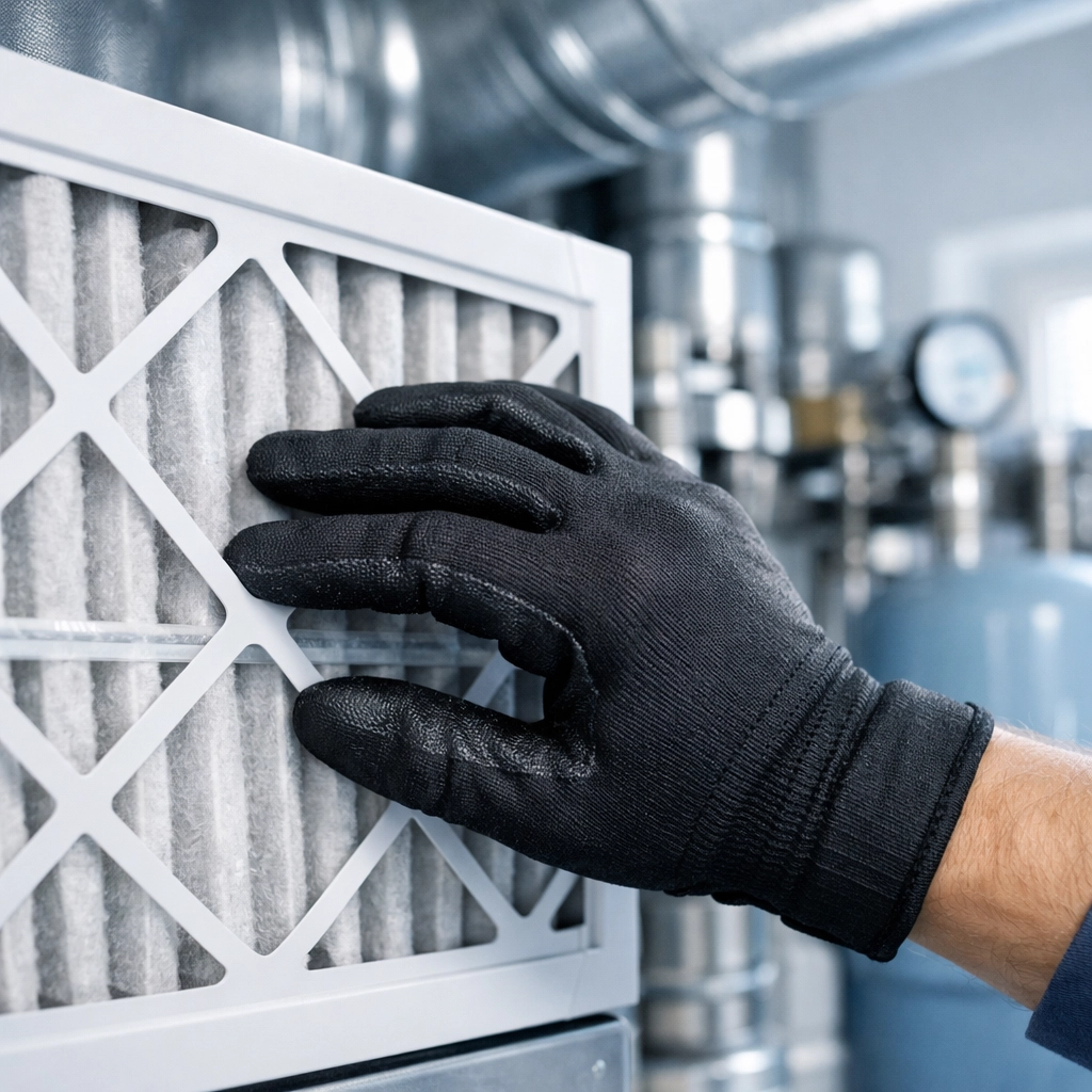 Professional property manager performing a routine HVAC filter inspection for an Oklahoma City rental home.