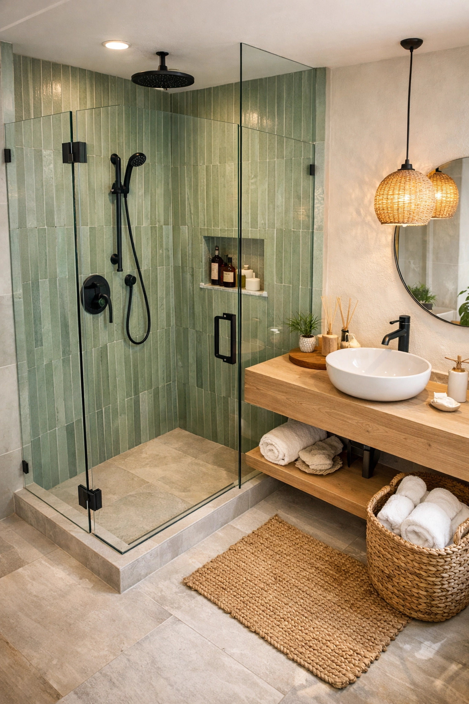 Luxury bathroom renovation in Orlando with a walk-in shower, green textured tiles, and a spa-like aesthetic.