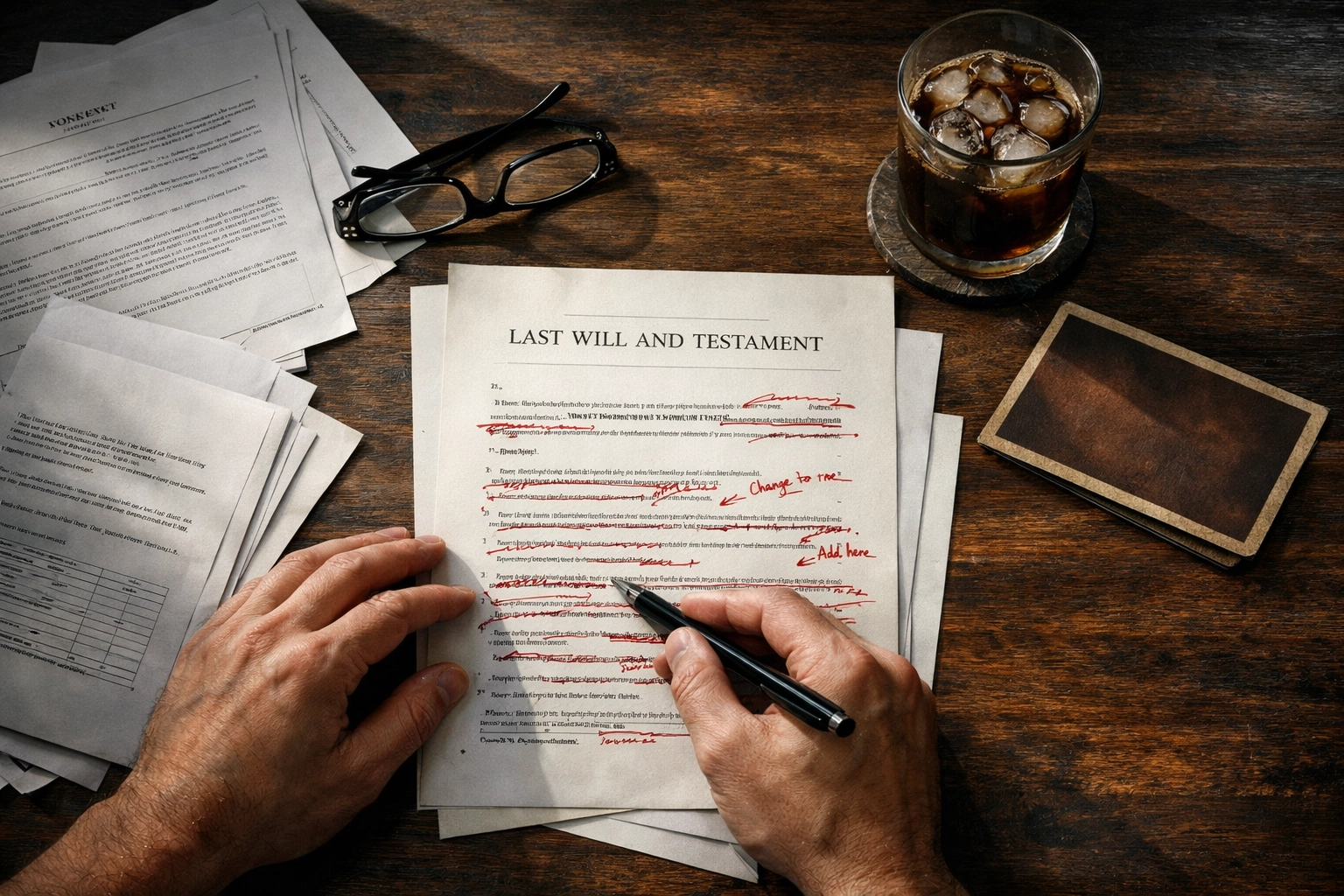 Hands revising a Last Will and Testament document with corrections and legal papers on table