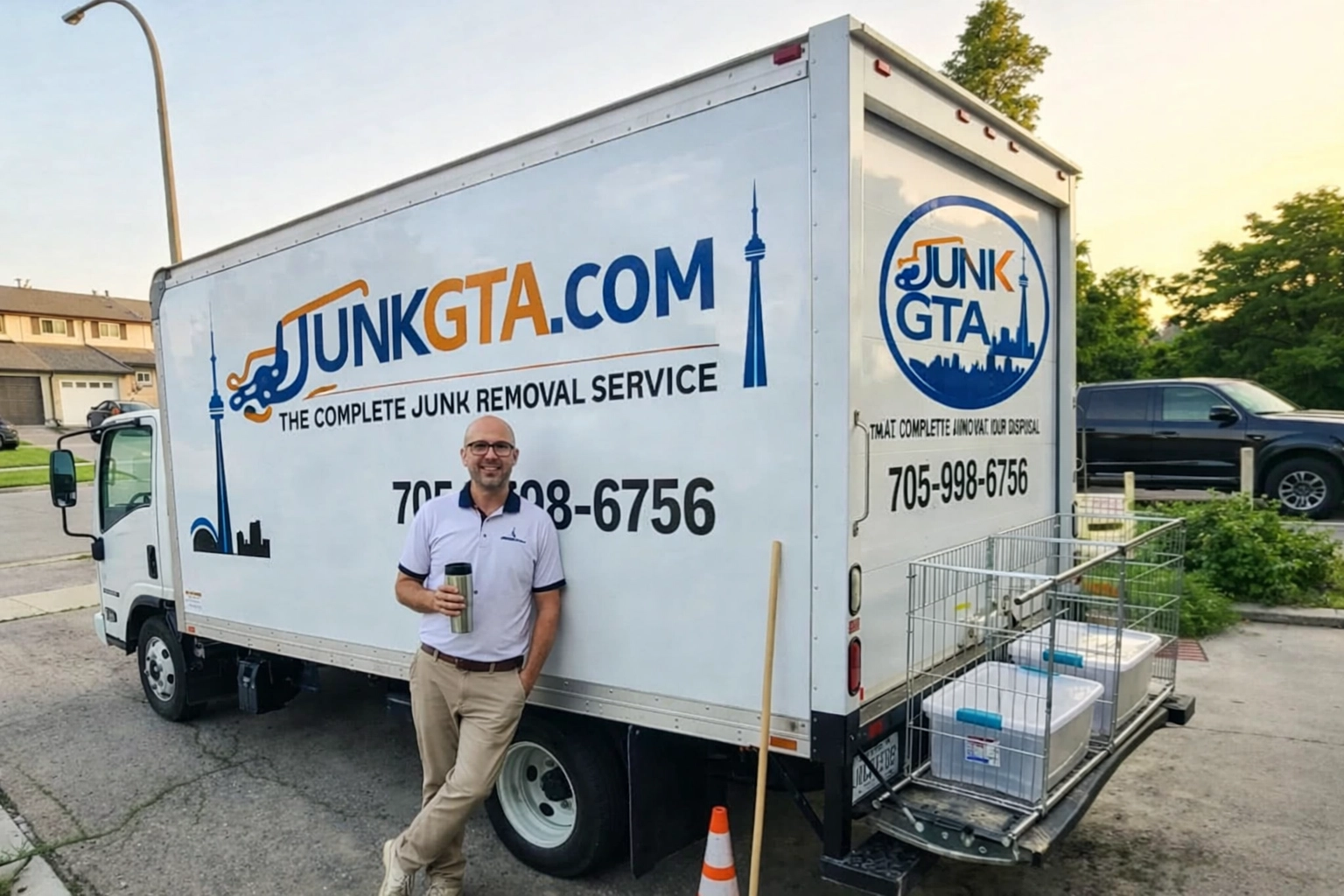 Junk GTA team member stands beside a branded junk removal truck ready for a scheduled pickup in a residential neighborhood