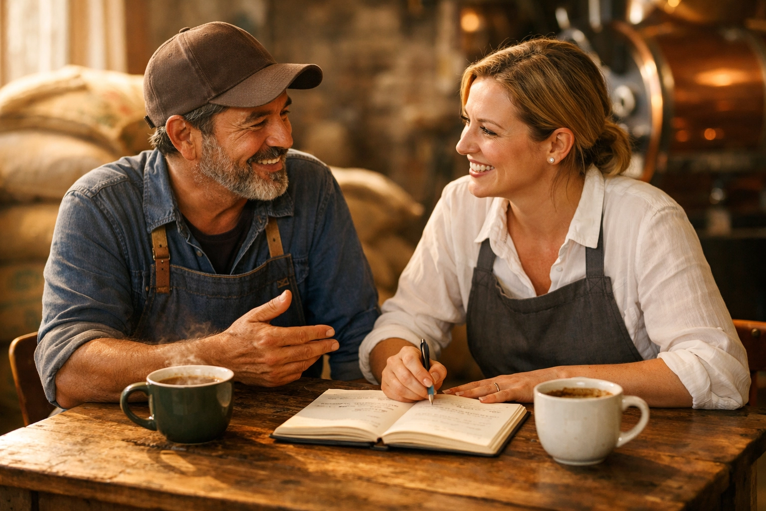 Collaborative meeting between a wholesale coffee roaster and a café owner discussing business growth strategies.