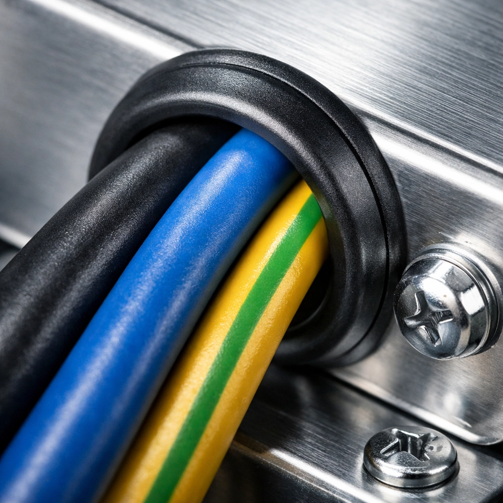 Protective bushing on electrical wires entering a panel, a safety detail used by expert electricians in Maine.