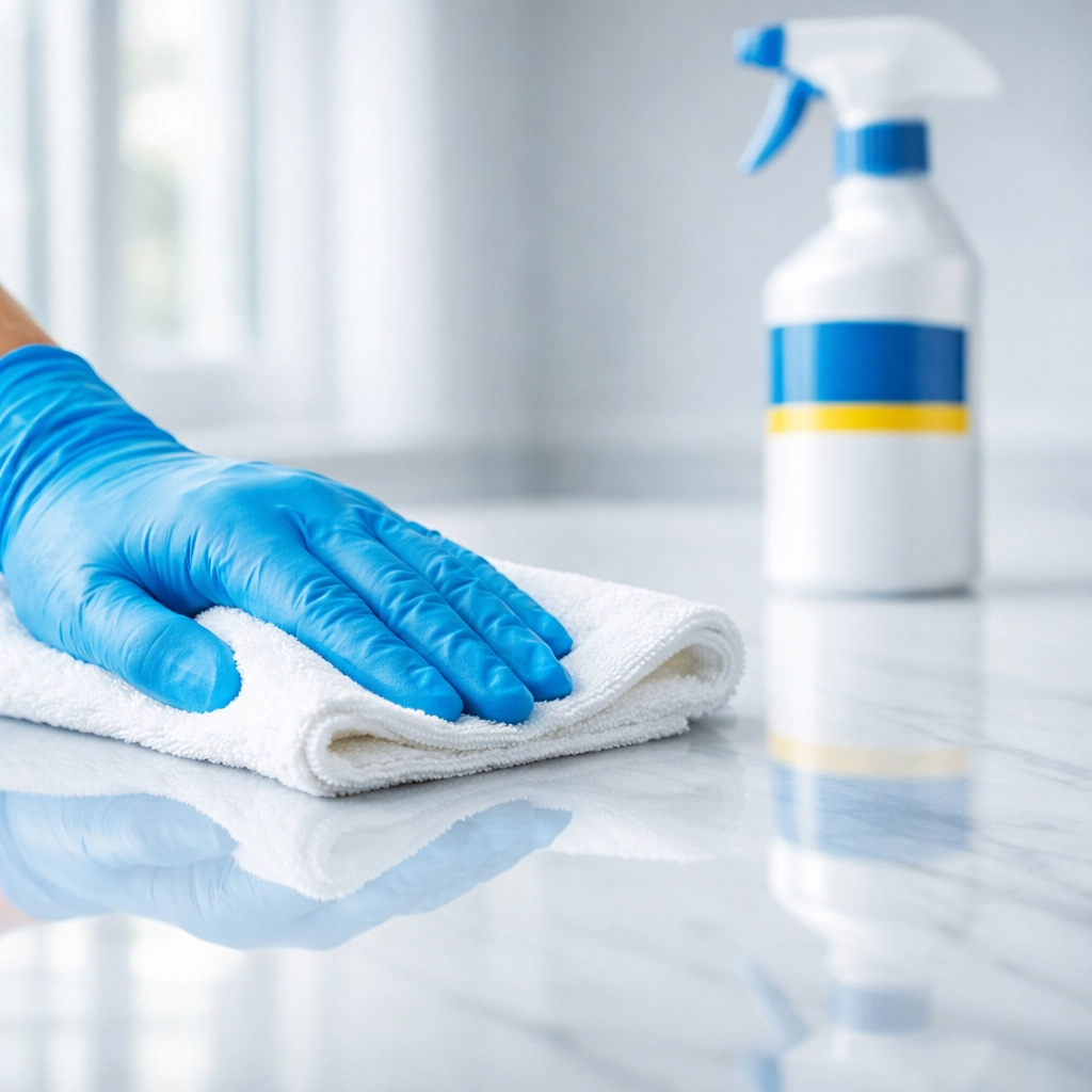 Professional house cleaning in Tewksbury, MA expert sanitizing a white marble kitchen counter.