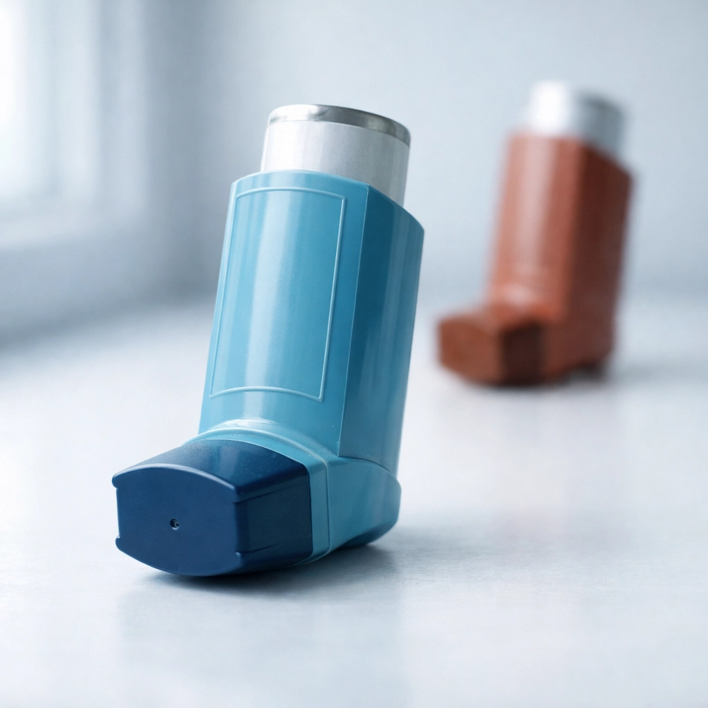 Blue reliever inhaler and brown preventer inhaler showing asthma treatment options