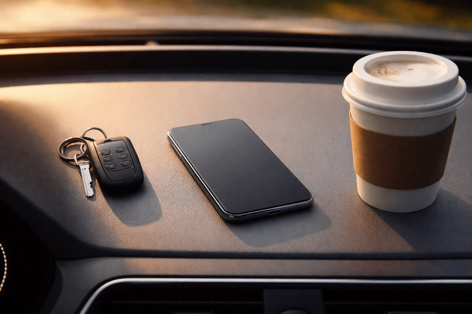 A smartphone turned face-down on a car dashboard, symbolizing distraction-free driving for business auto safety.
