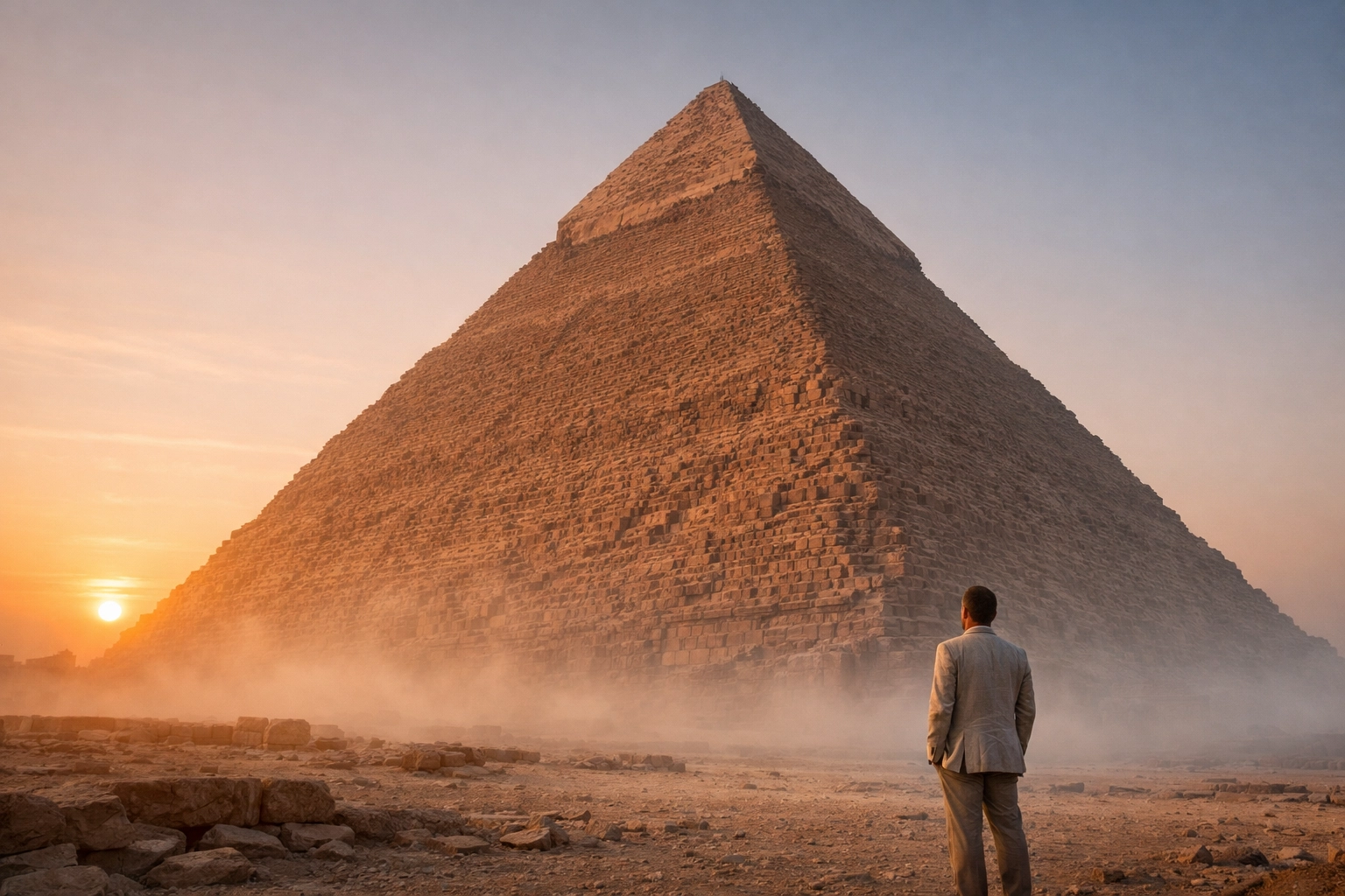 The Great Pyramid of Giza at sunrise without crowds, showing the best time for a quiet visit.