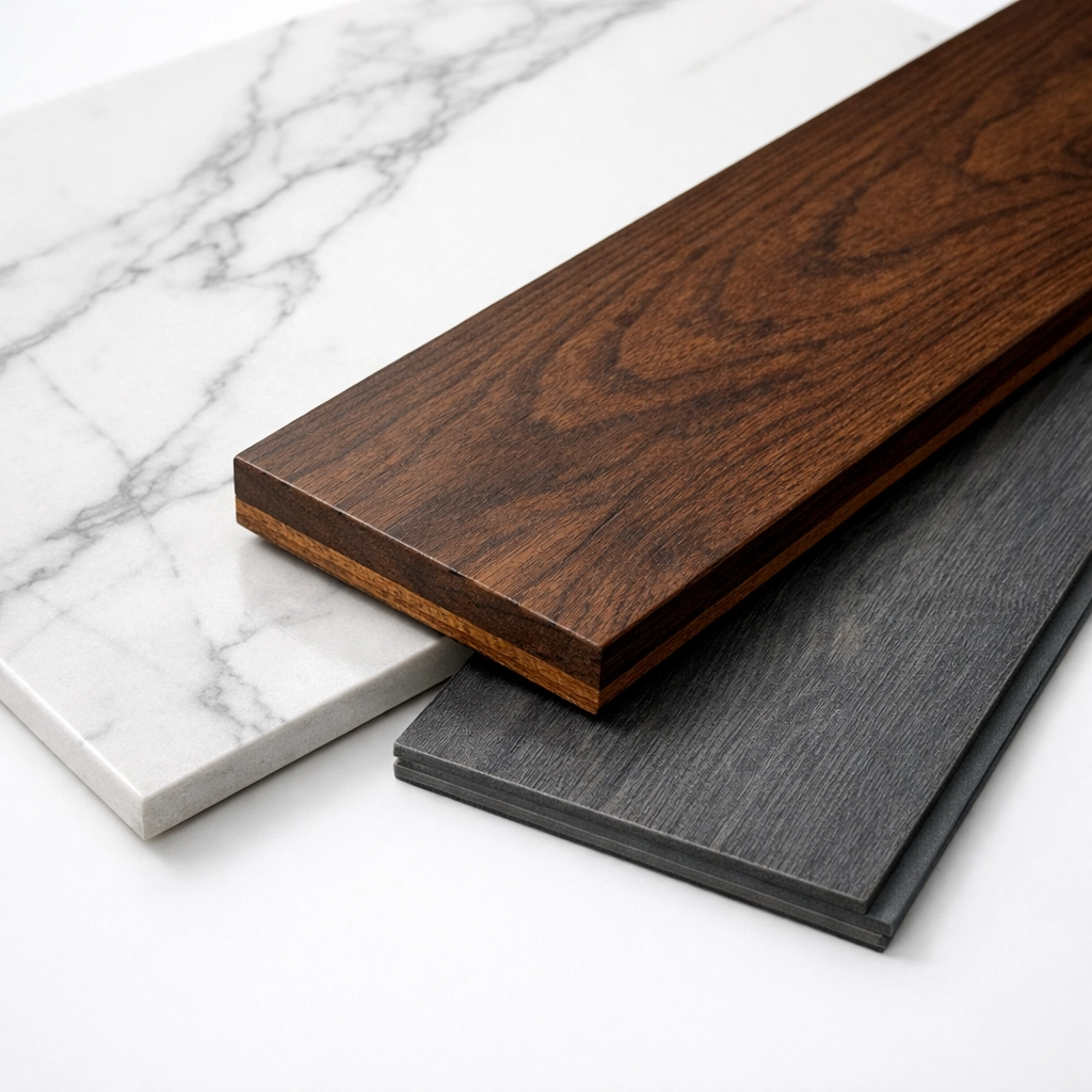 Premium tile and hardwood floor samples for a custom flooring renovation Orlando project.