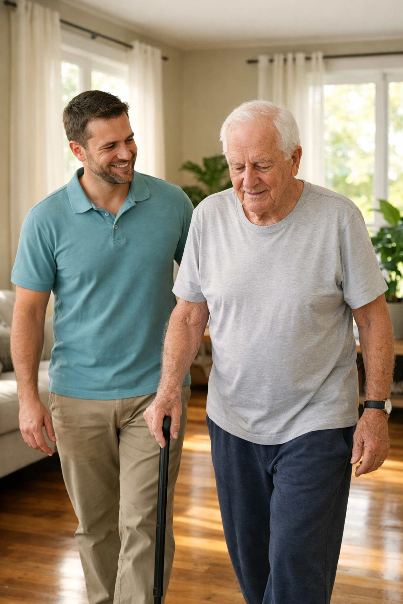 A physical therapist observing an elderly man's gait during a professional home mobility assessment.