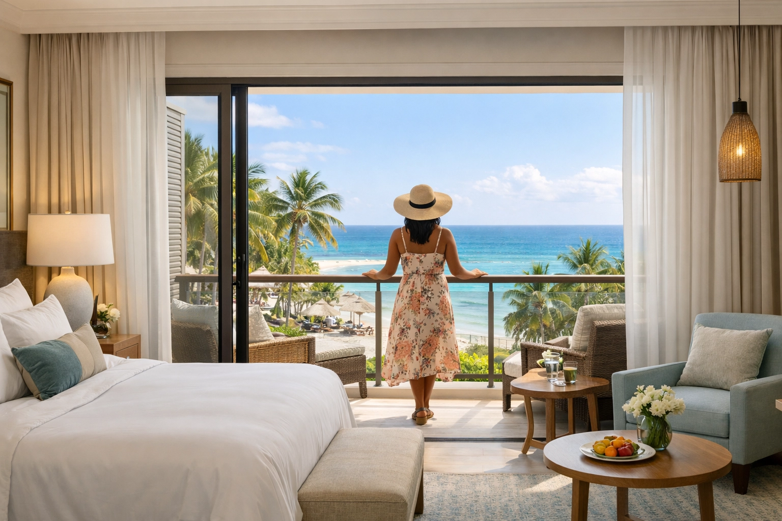A woman on a private balcony of a luxury all inclusive resort suite overlooking the beach.