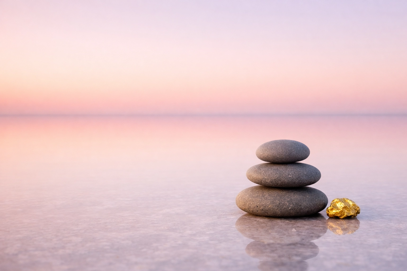 Balanced stones and a gold nugget on a salt flat, illustrating the stillness of inner mastery and worthiness.