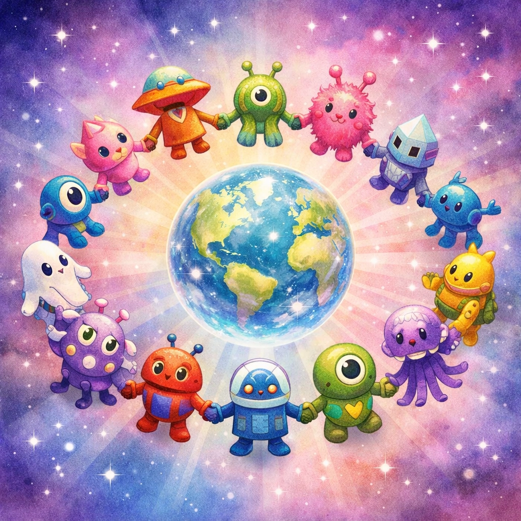 Diverse alien species united around Earth representing community in Pixar's Elio