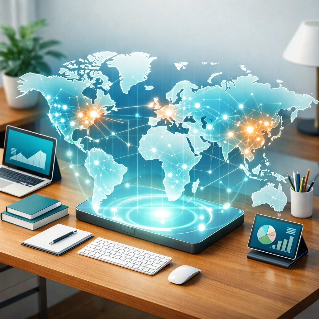 Holographic world map on a desk representing international PPC strategy and global business growth.