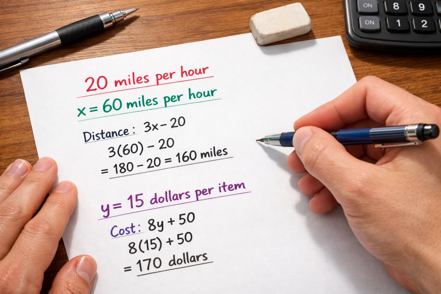 Close-up of student labeling SAT math equations with units on practice paper