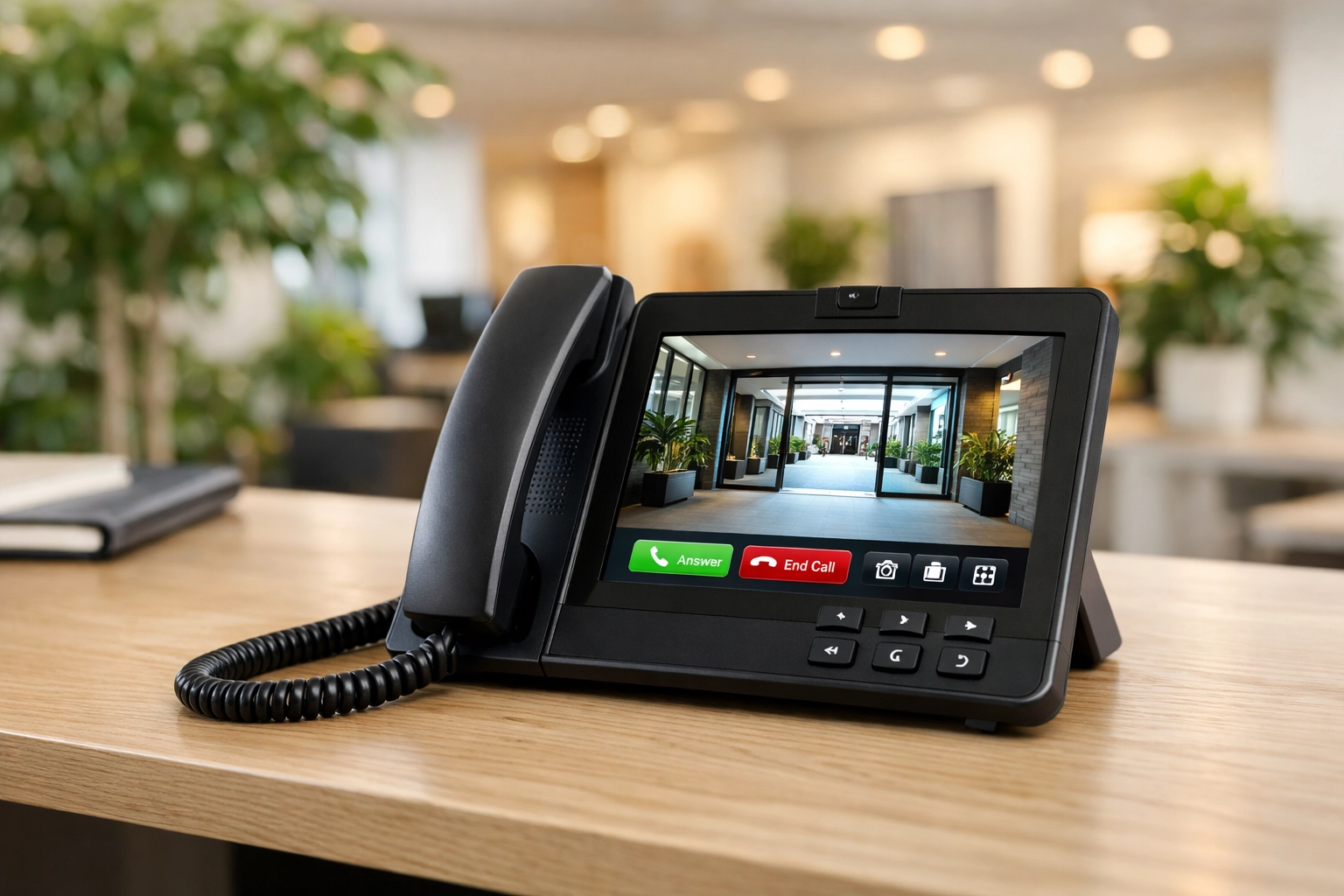 Business VoIP video phone displaying a live security feed from an integrated cloud PBX system.