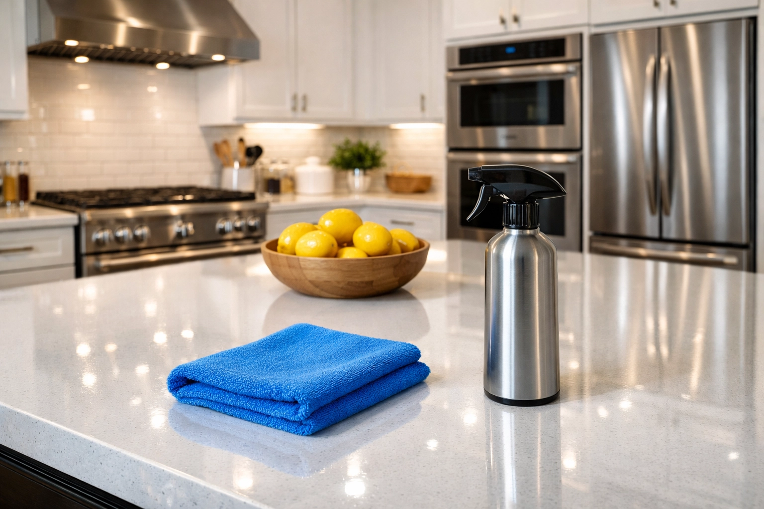 Spotless modern kitchen in Leominster MA featuring polished quartz countertops and residential cleaning services.