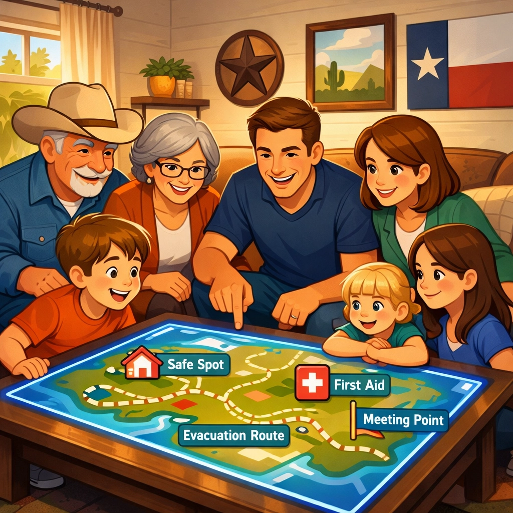 A multi-generational Texas family reviewing a digital safety plan for business and family protection.