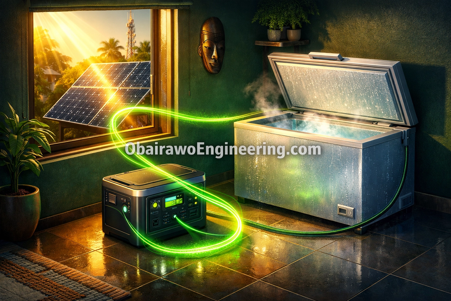 Solar-powered chest freezer connected to a portable power station for reliable home energy and cold storage.