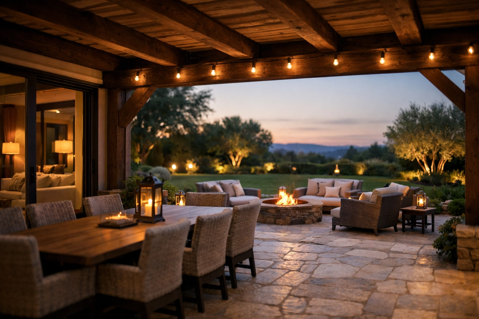 Seamless indoor-outdoor living space designed by Columbia home builders with a fire pit and dining terrace.