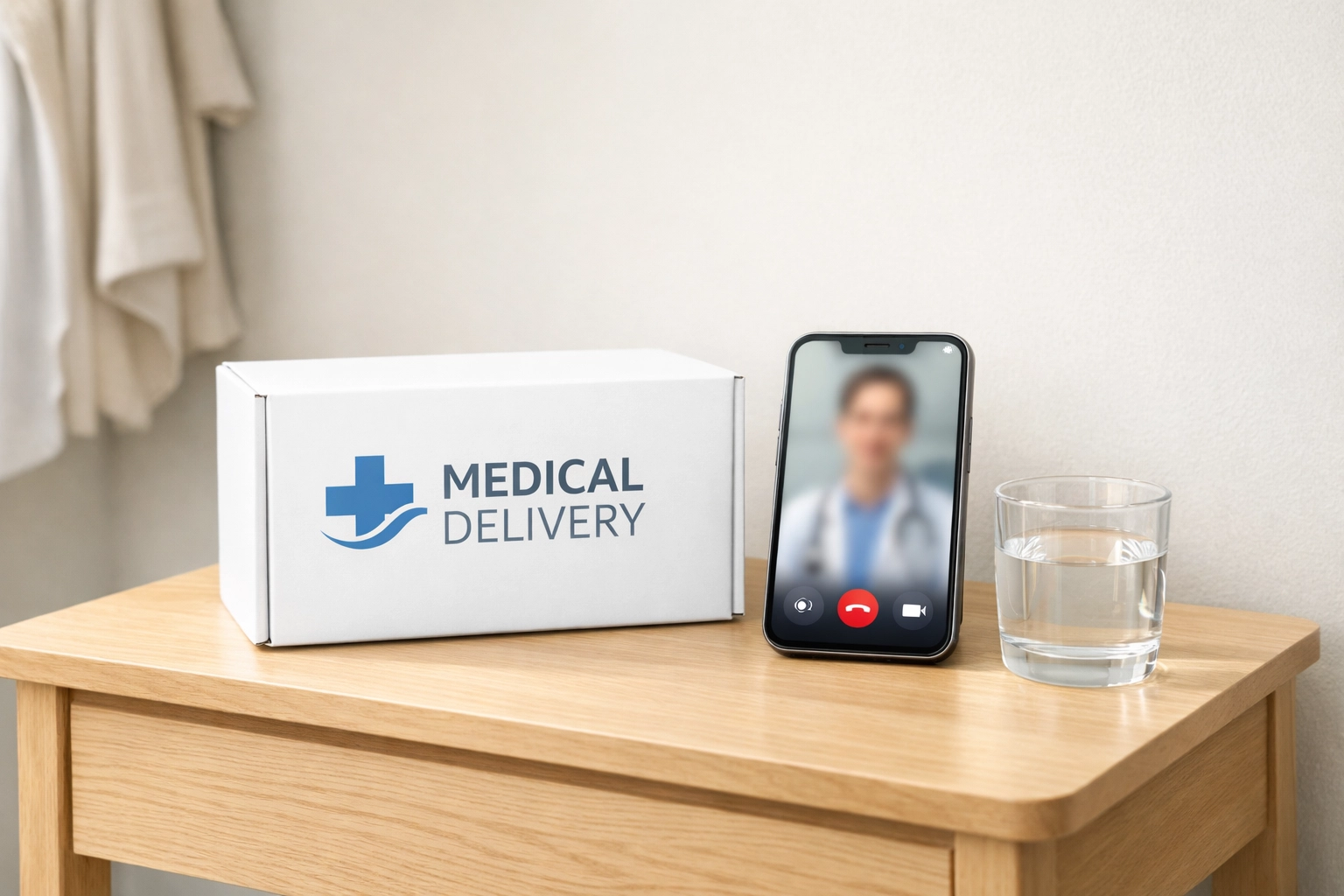 A medical weight loss delivery box and smartphone showing a telemedicine consultation for patients.