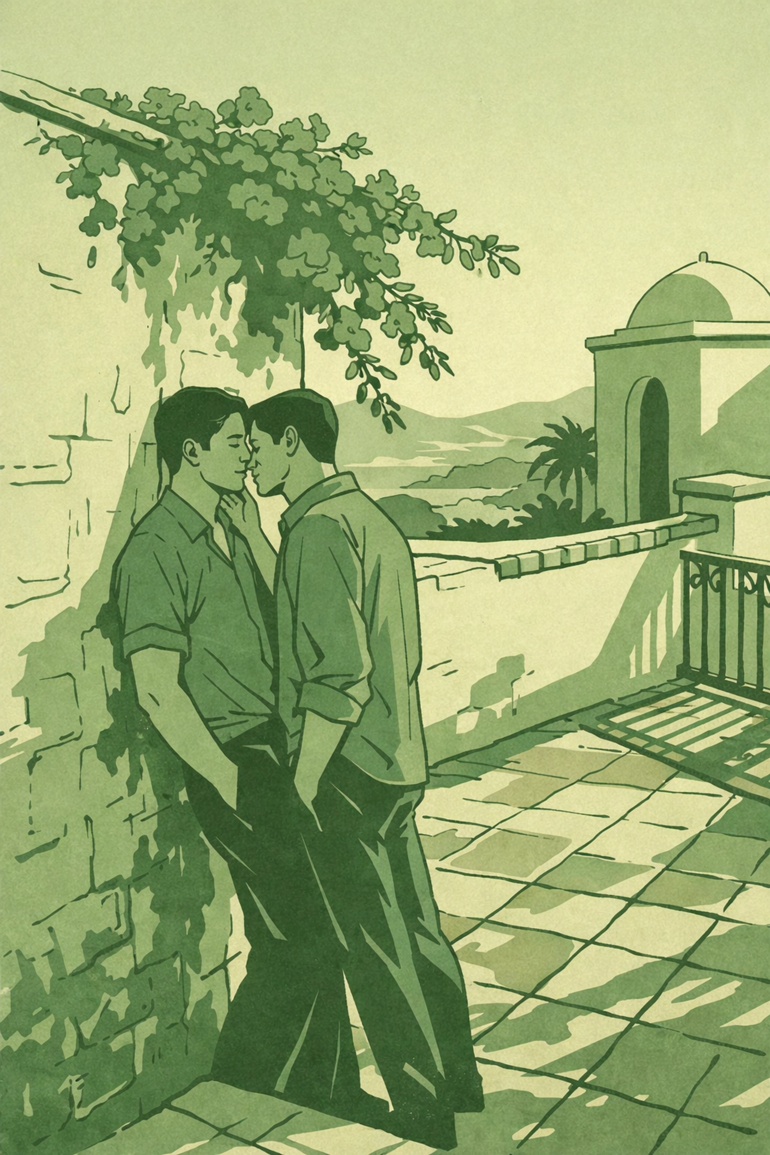 Two men share intimate moment on sun-drenched Andalusian terrace in MM romance setting