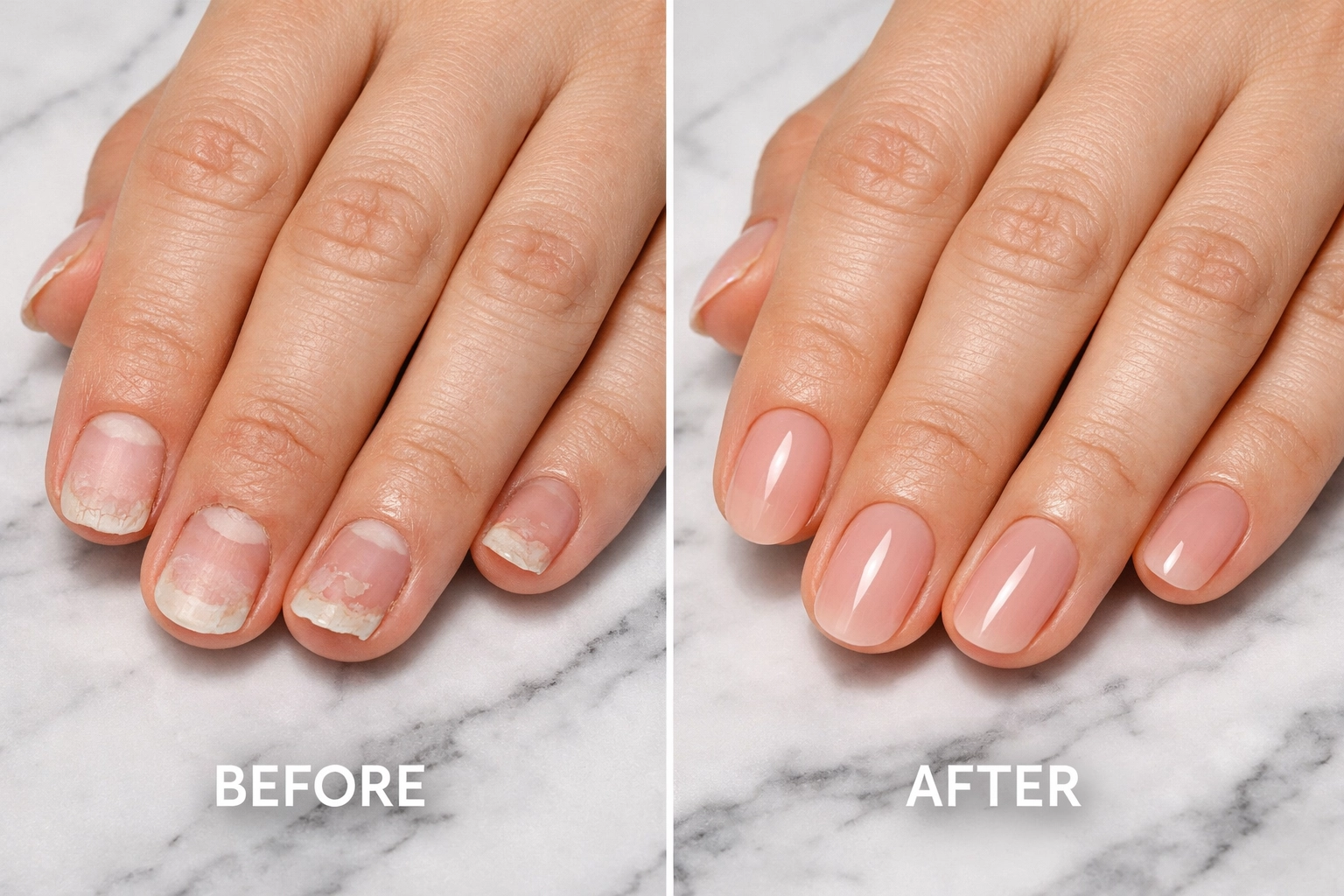 Before and after comparison showing weak brittle nails transformed with Japanese gel overlay
