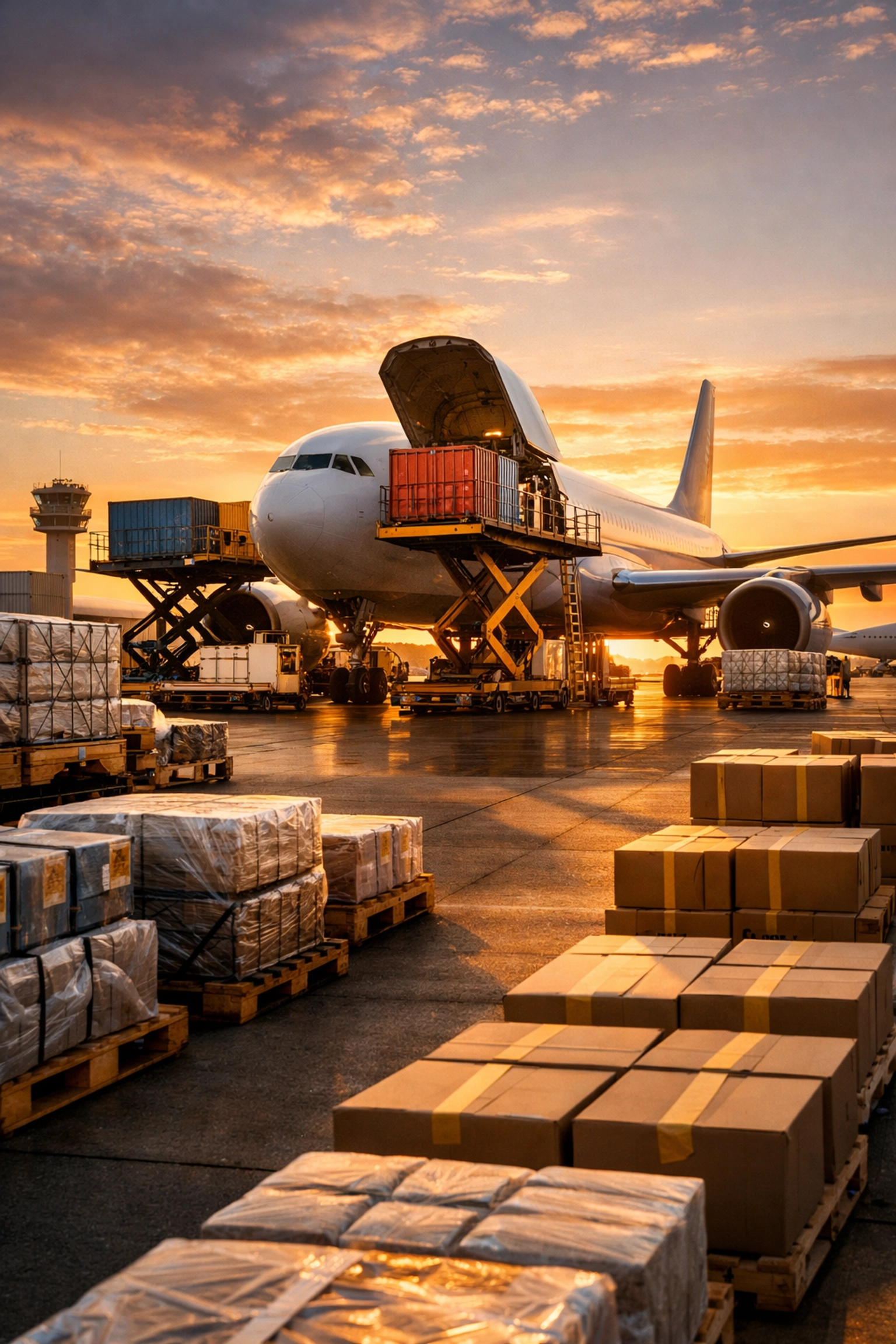 Freight aircraft being loaded with cargo containers at modern airport facility