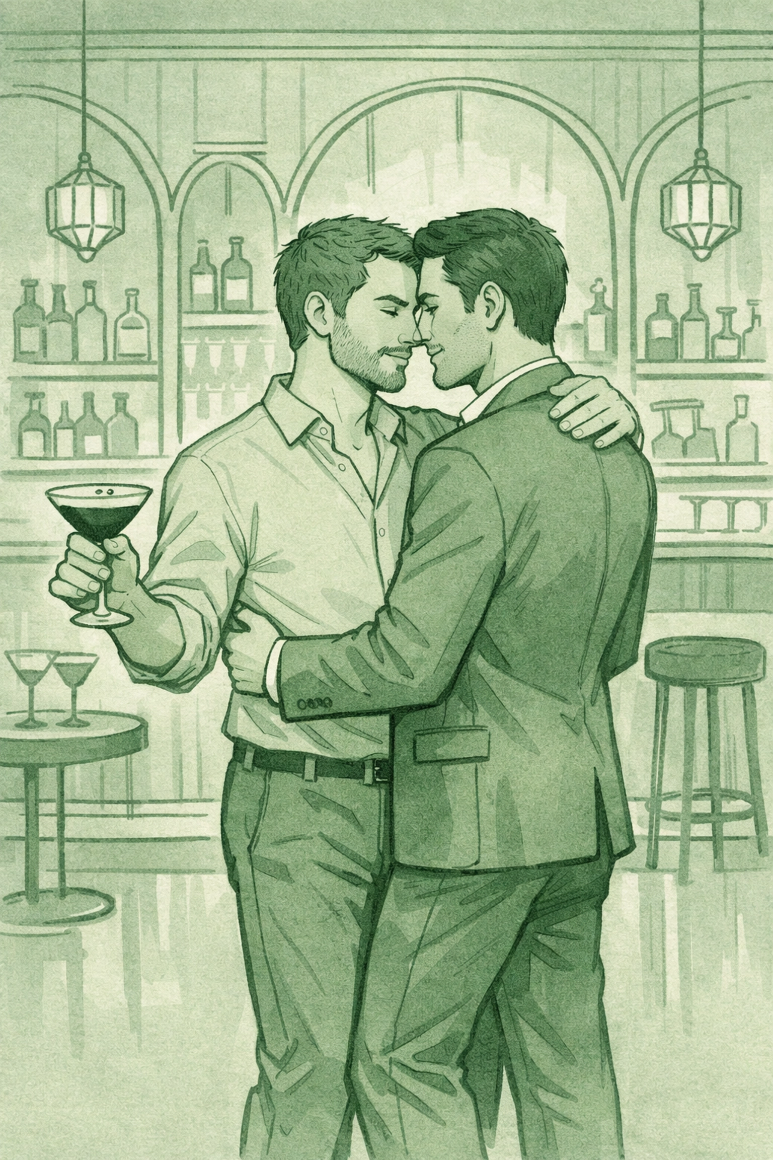 Men dancing with espresso martinis in elegant modern gay bar setting