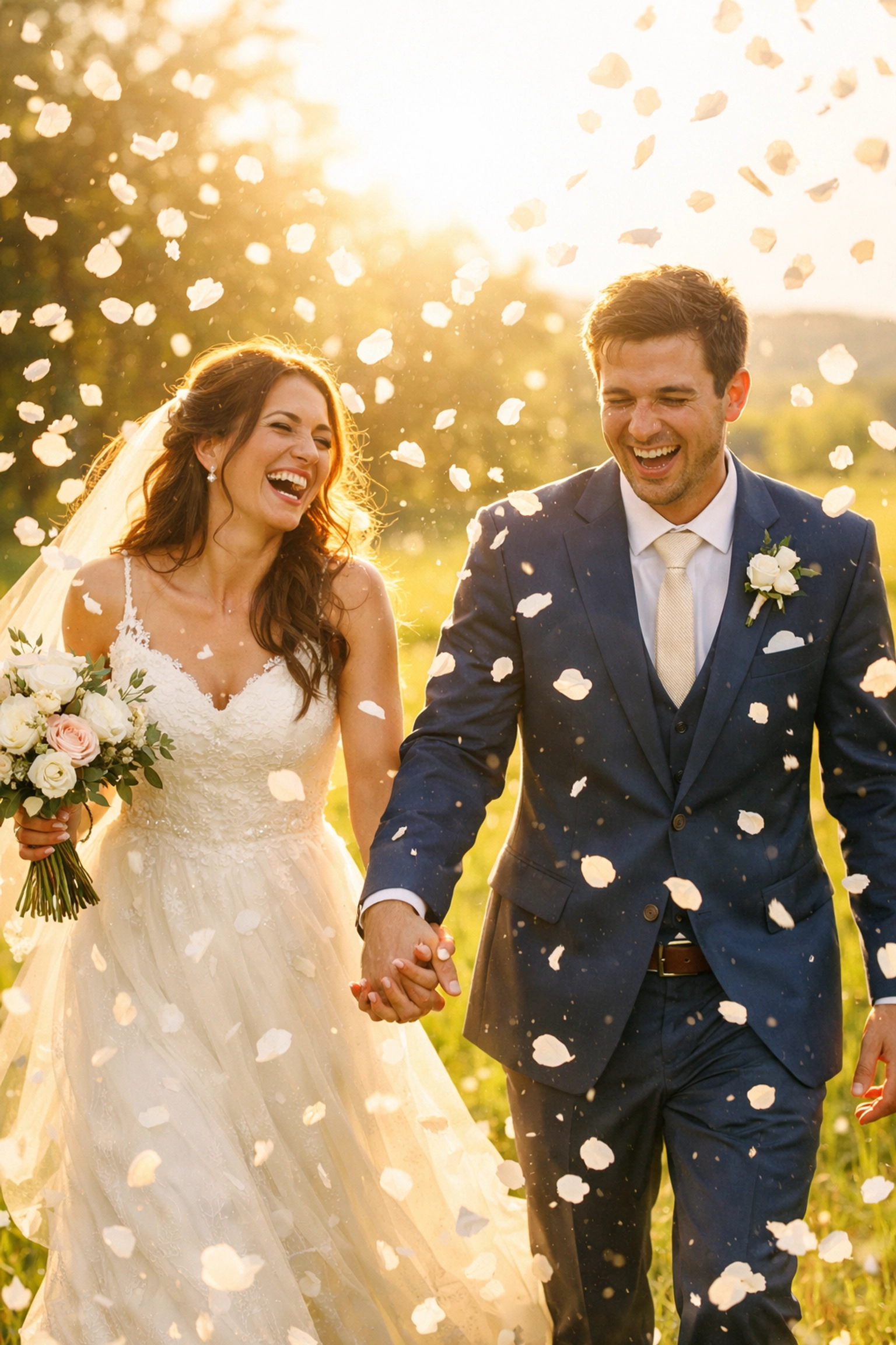 Newlyweds celebrating a debt-free marriage during a joyous flower petal send-off.