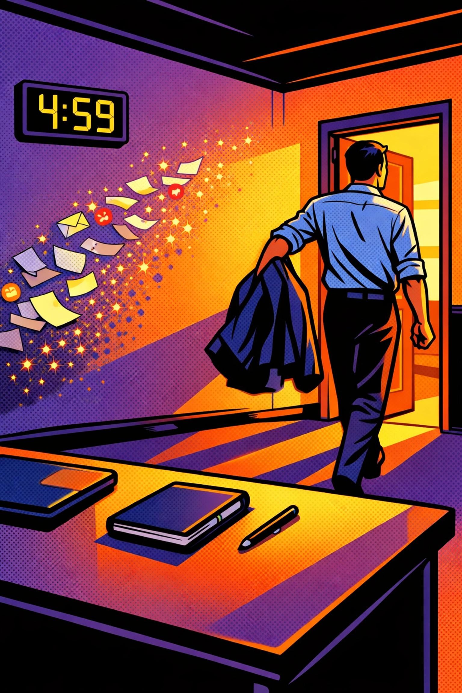 Productive business owner leaving a clean office at 5 PM after AI automated their admin tasks.