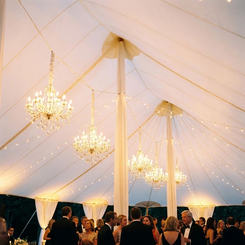Crystal chandeliers and string lights illuminating sailcloth tent for an upscale evening event