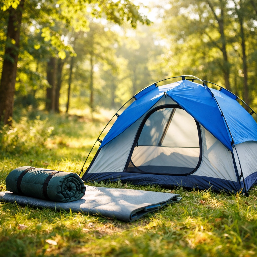 Lightweight camping tent with sleeping bag and mat in UK forest clearing for wild camping