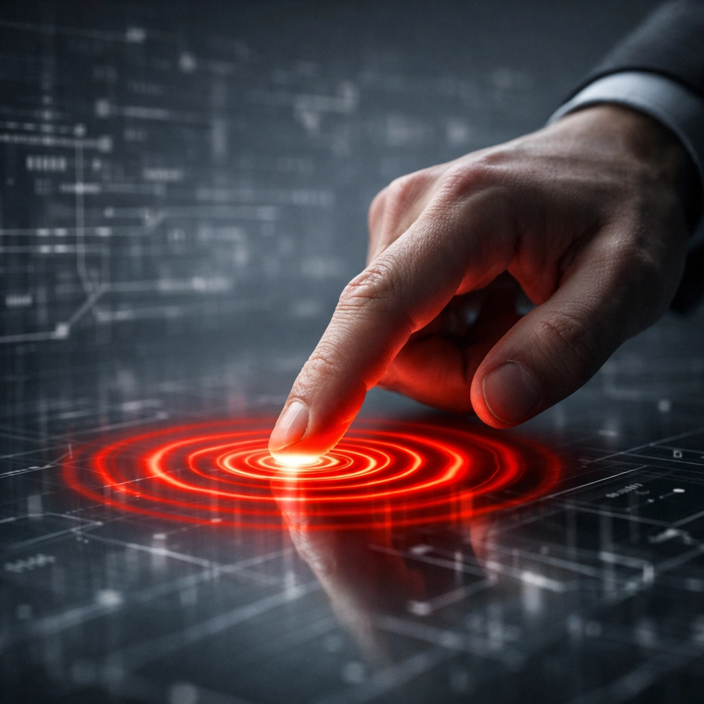 A human hand touching a digital interface symbolizing the human moat in AI SEO optimization.