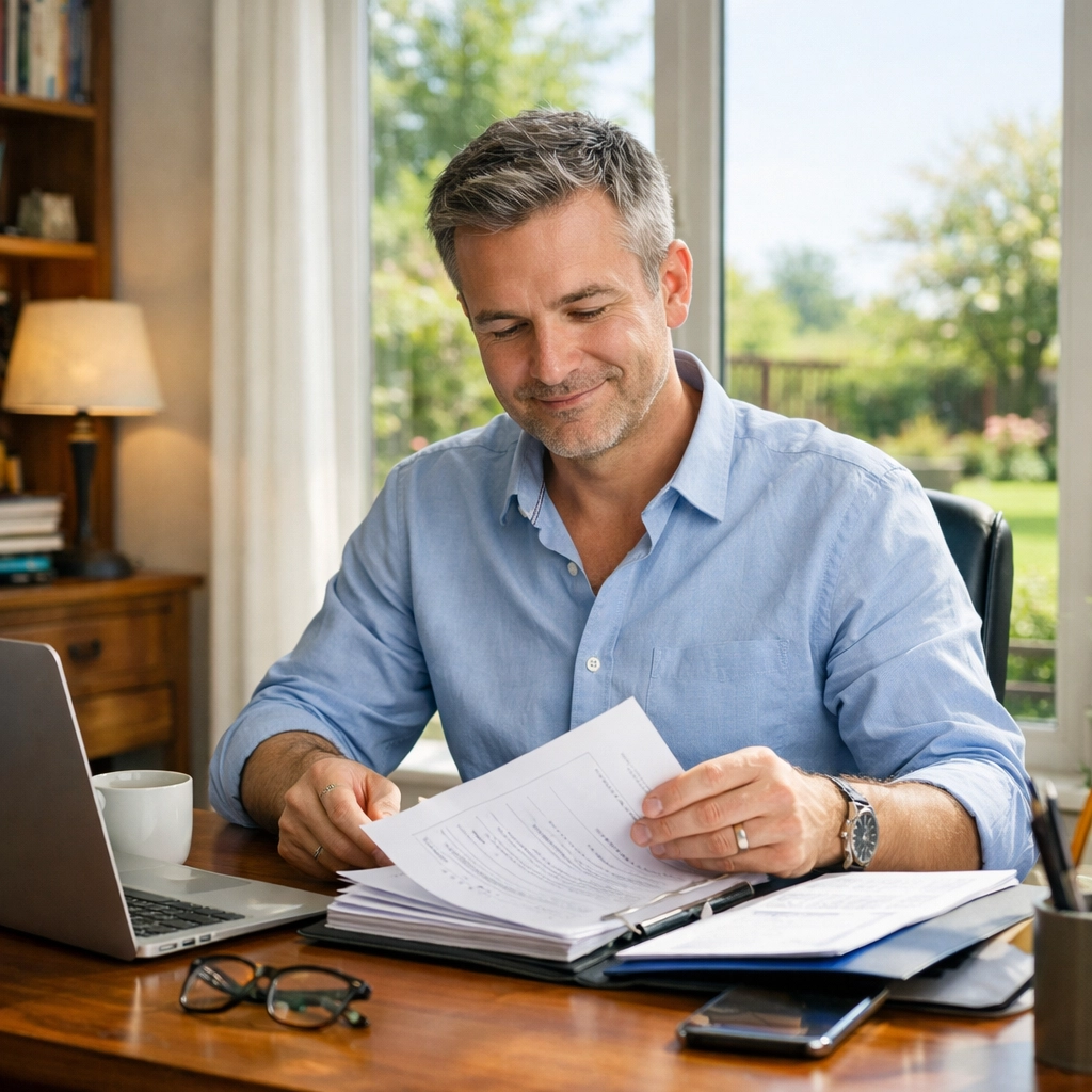 A landlord in South Gloucestershire reviews rental documents in a bright home office.