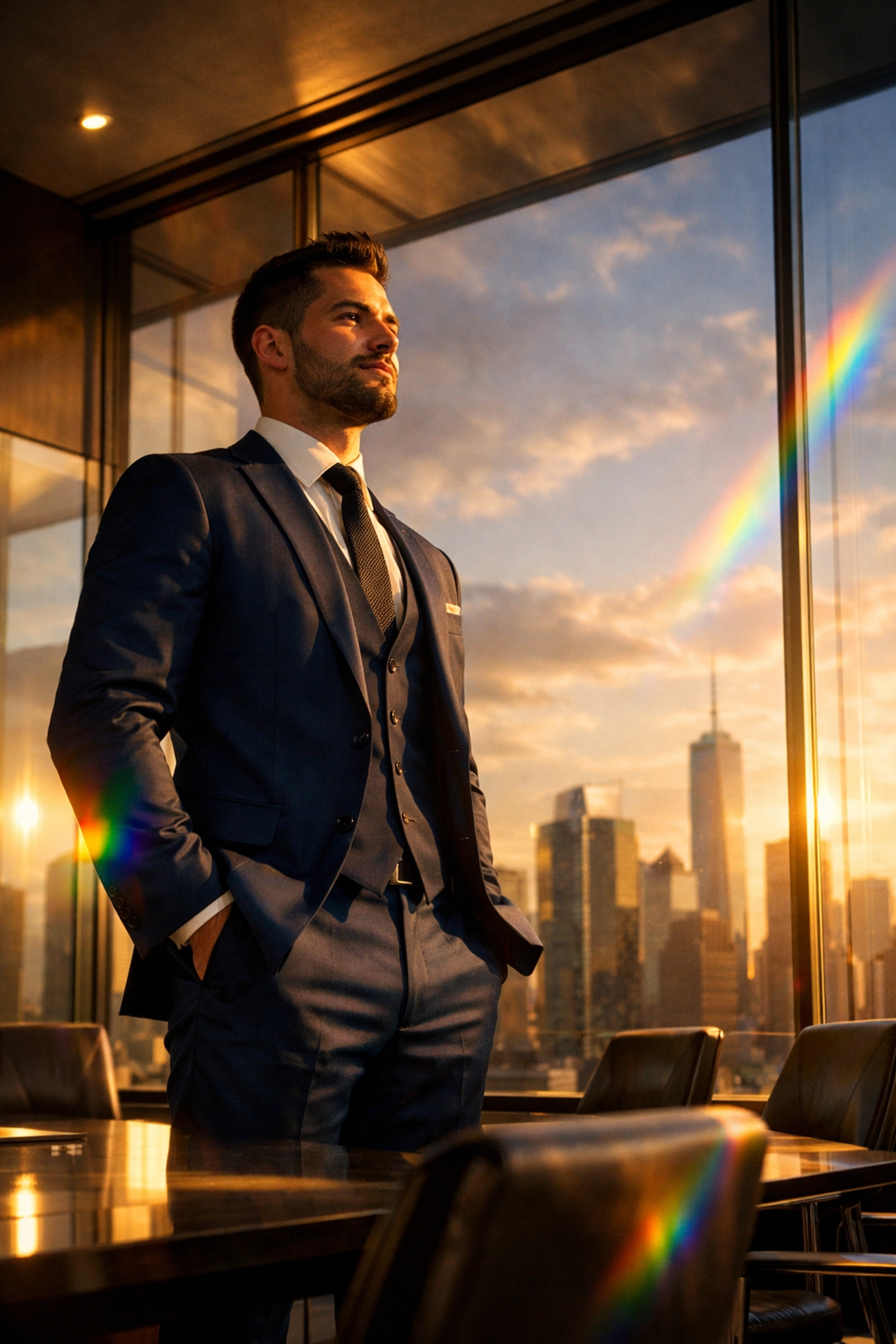 A confident gay professional in a suit looking out over a city skyline, representing queer leadership success.