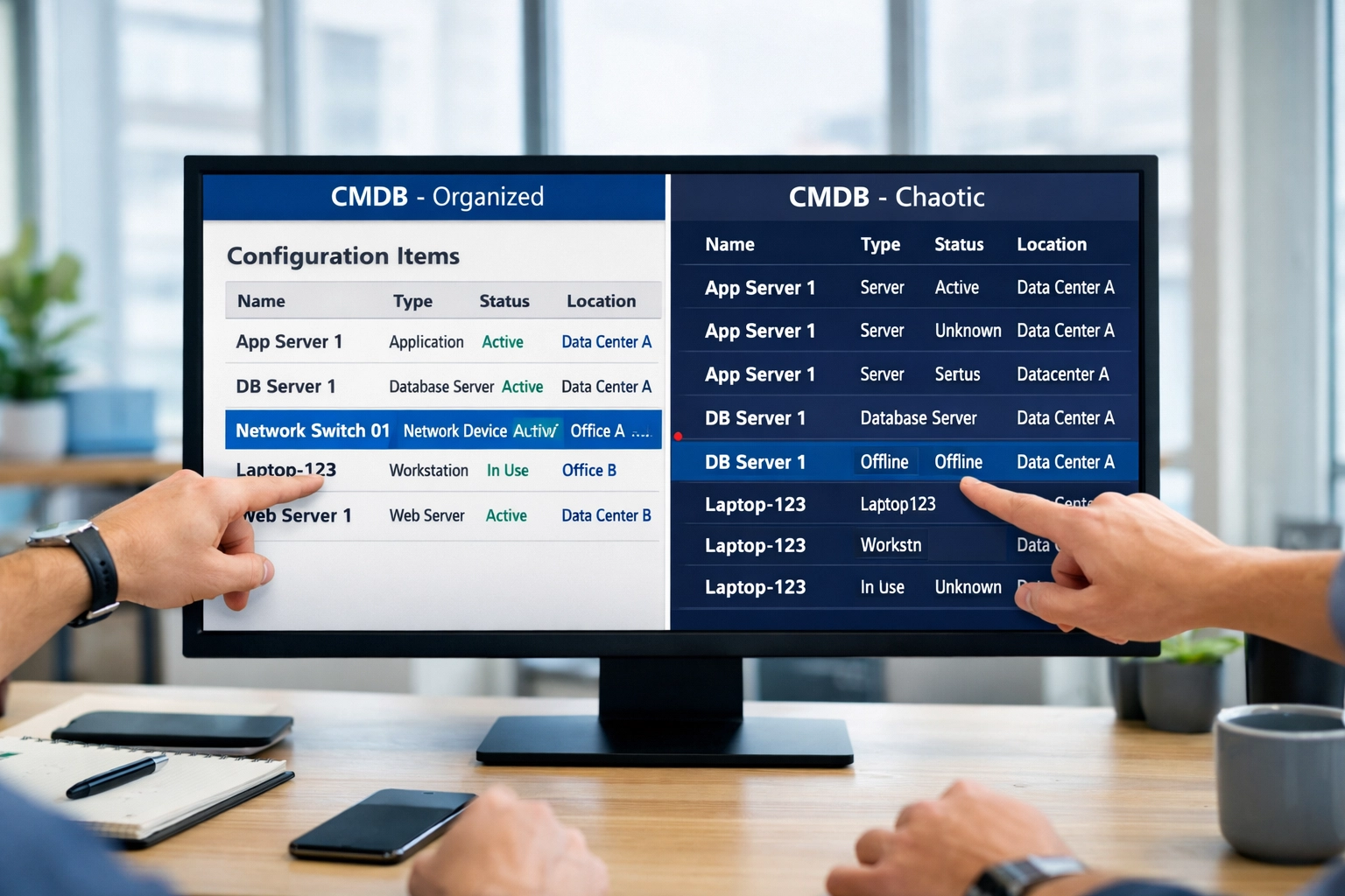Split screen comparing clean CMDB data versus duplicate configuration items in ServiceNow ITOM