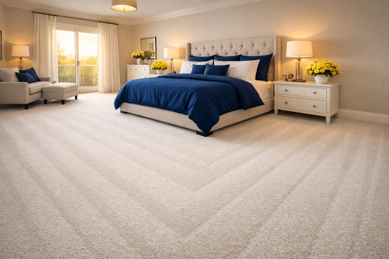 Immaculate plush white carpet with fresh vacuum lines in a professionally cleaned room.