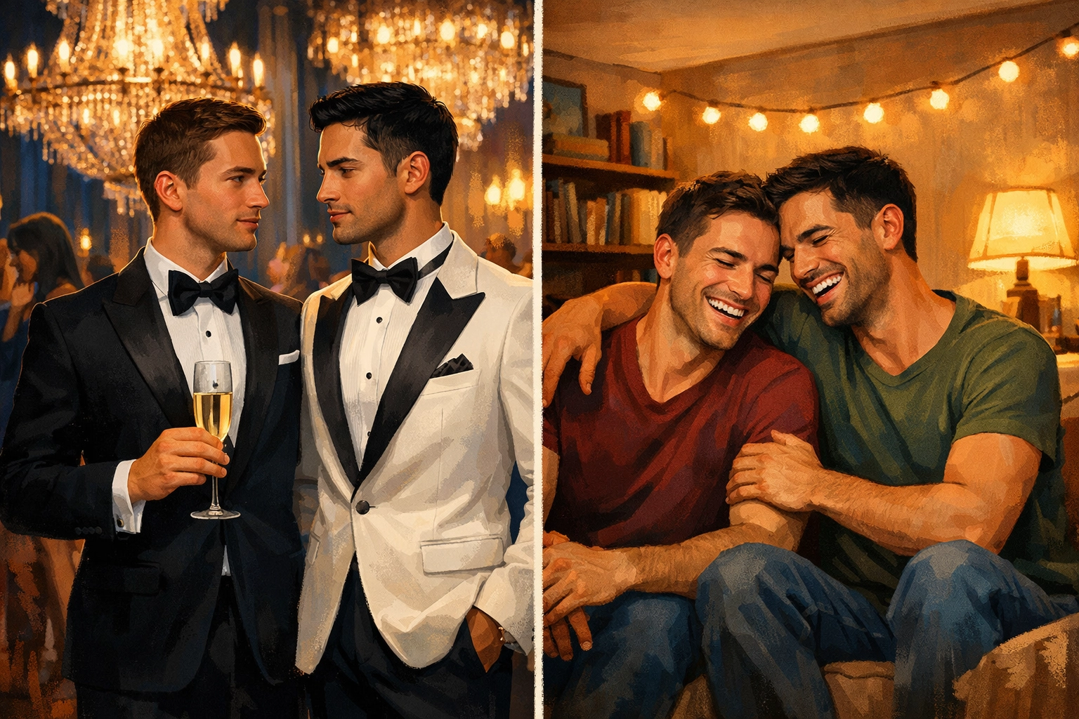 Gay couple shown at luxury gala and cozy home illustrating rich and poor MM romance contrast