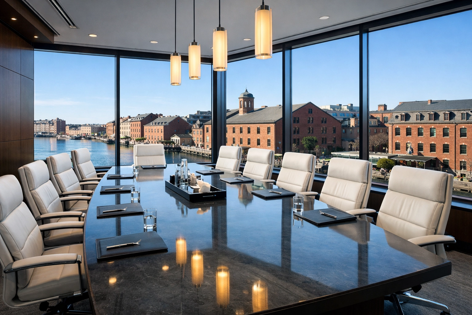 A pristine Boston executive boardroom in the Seaport District showcasing professional commercial cleaning.