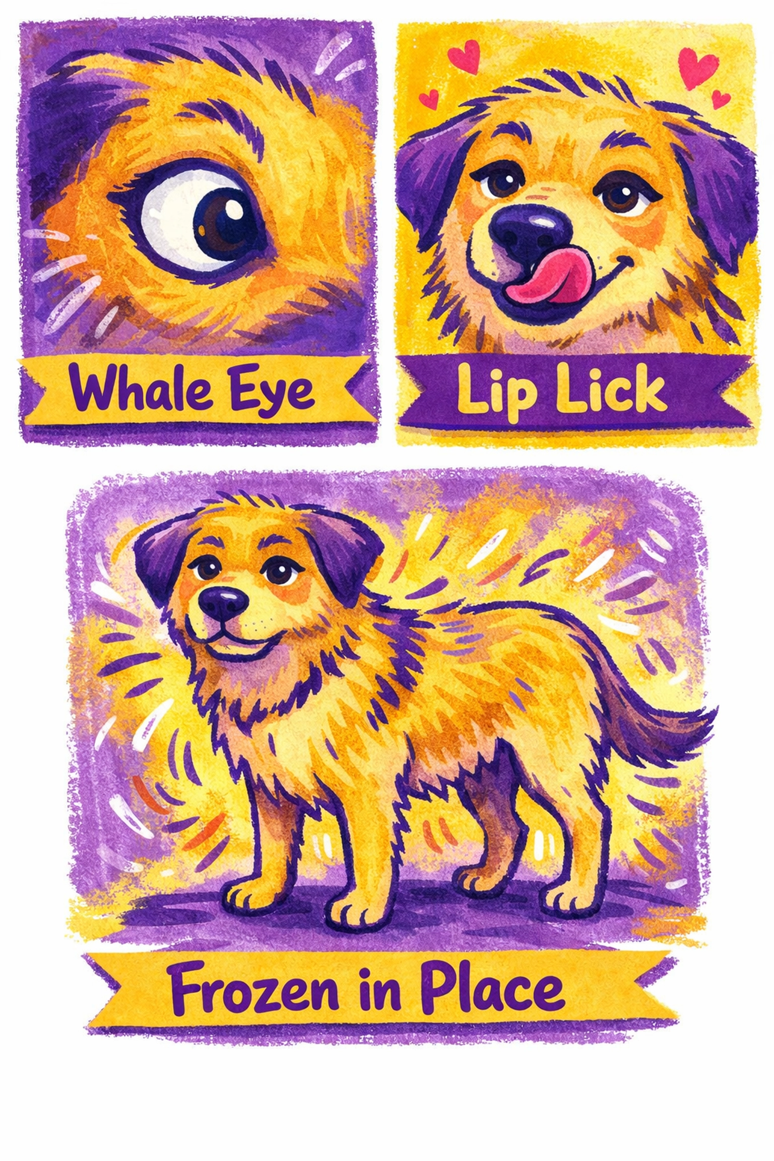 Illustration of dog body language and stress signals like whale eye to help when you adopt a dog.