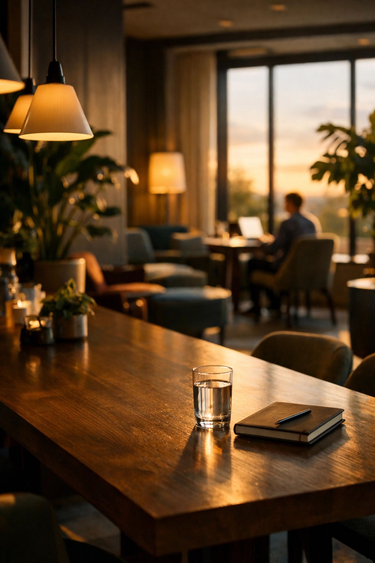 Modern hotel lobby lounge with flexible workspaces for digital nomads and productive travel.
