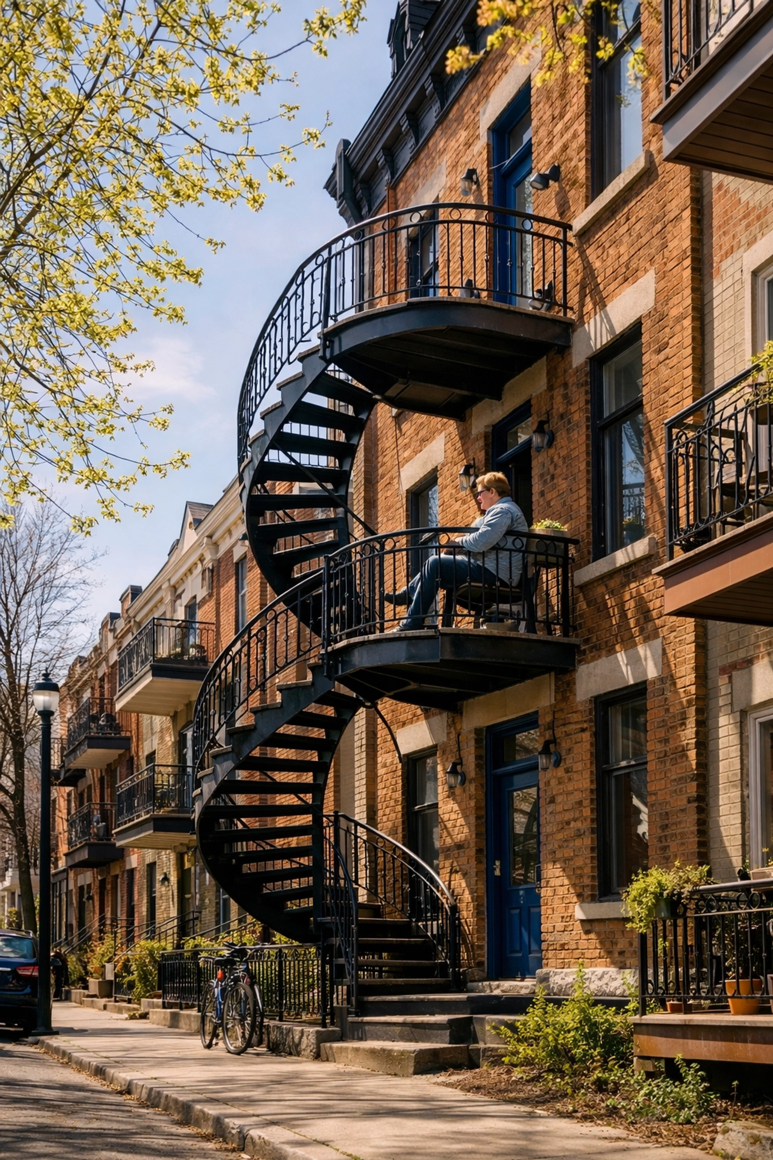 Iconic Montreal winding spiral staircase and balcony on a residential street during the first warm Saturday.
