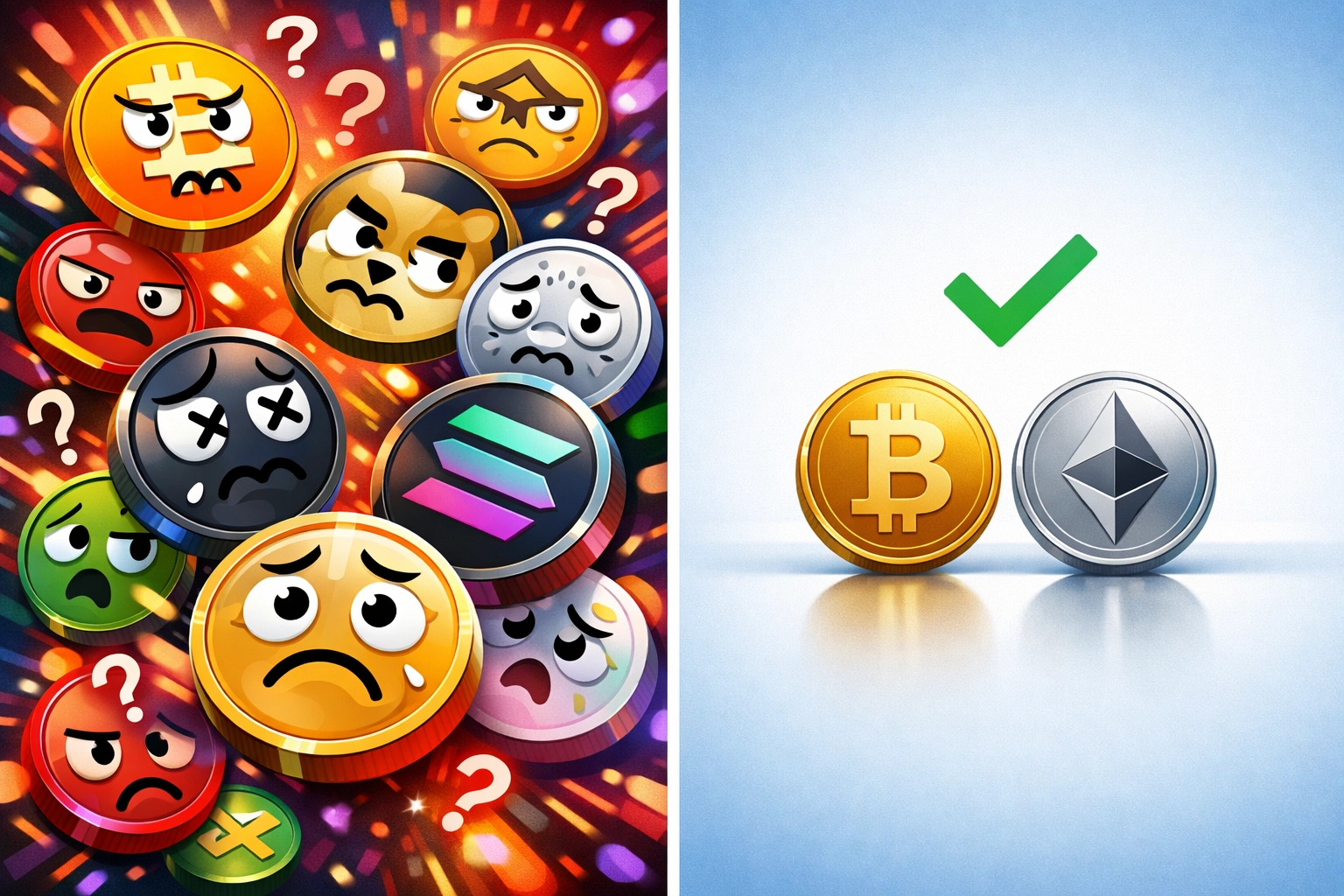 Comparison showing multiple confusing cryptocurrency tokens versus two simple organized payment tokens