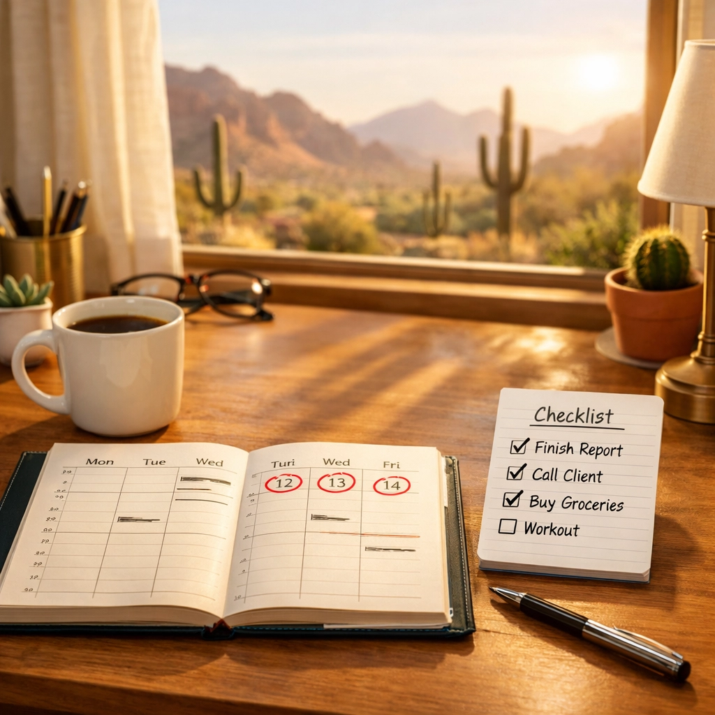 Organized planner and checklist on Arizona desk showing purposeful real estate timeline Organized planner and checklist on Arizona desk showing purposeful real estate timeline