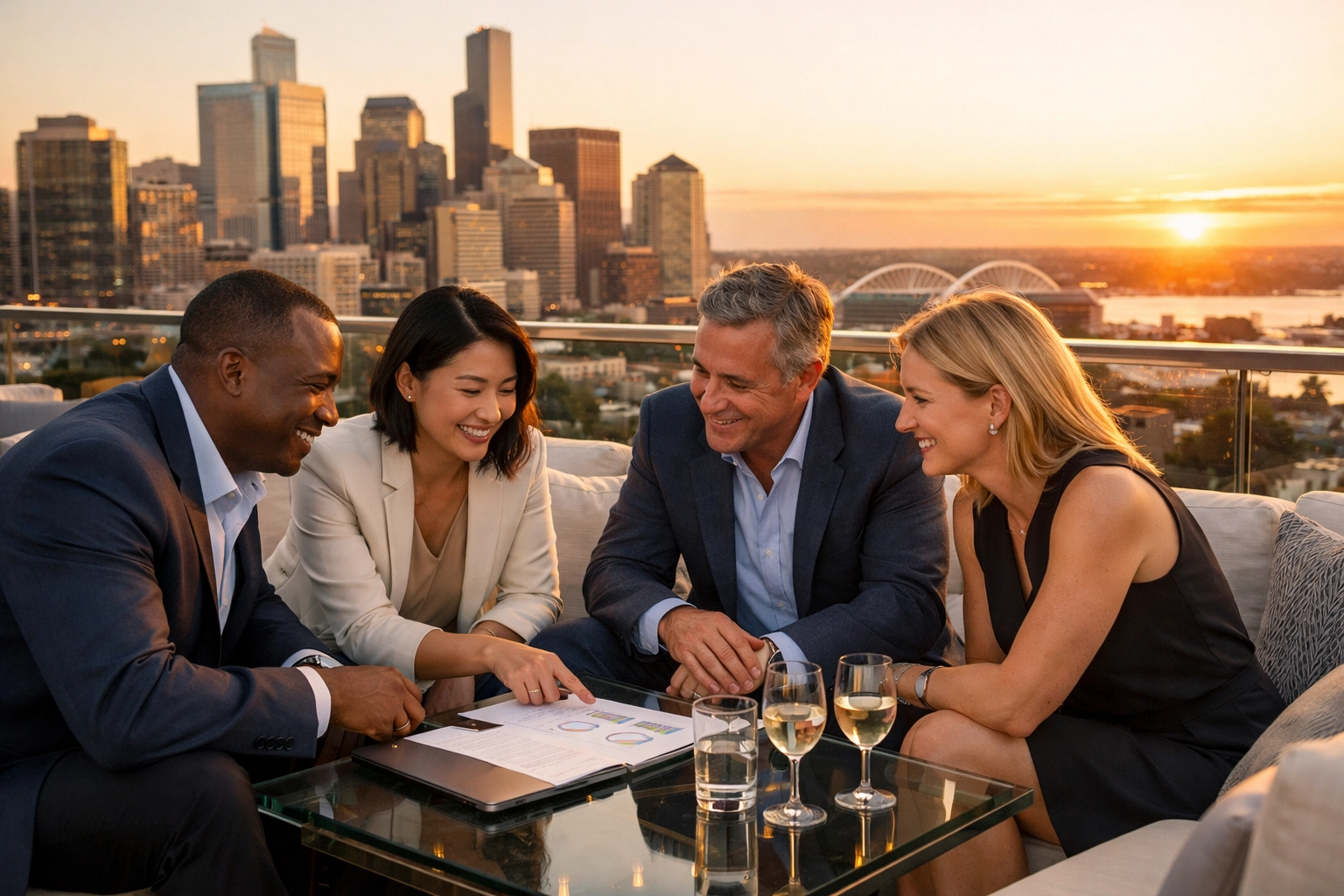 Corporate leaders discussing strategic partnerships at an elite rooftop lounge during the Super Bowl weekend.