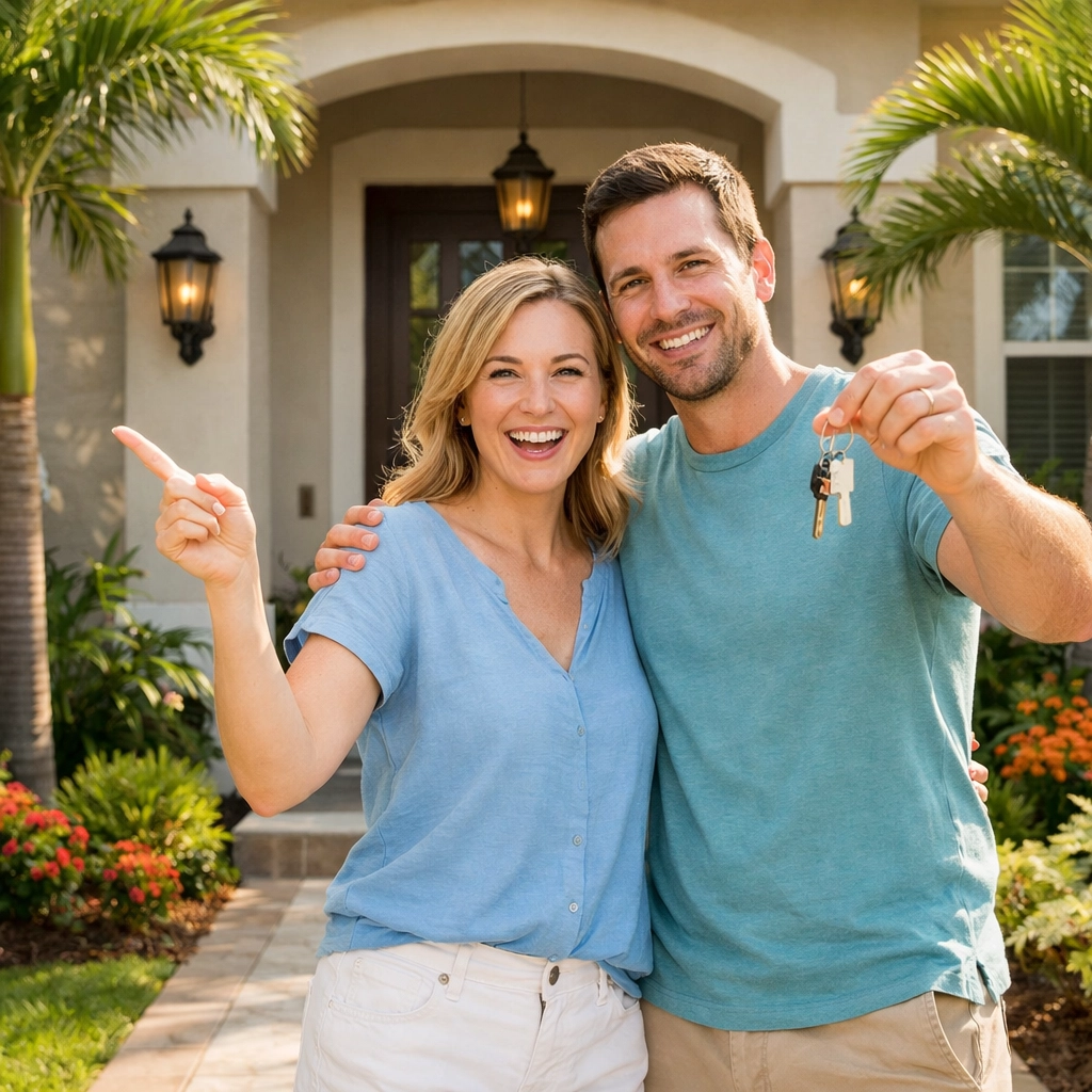 Happy homebuyers holding keys in front of their new Cape Coral home